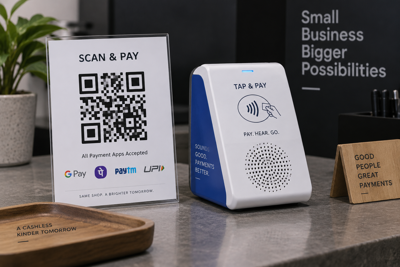 Editorial illustration of a retail counter showing a laminated QR code sticker alongside an electronic NFC soundbox audio payment terminal.