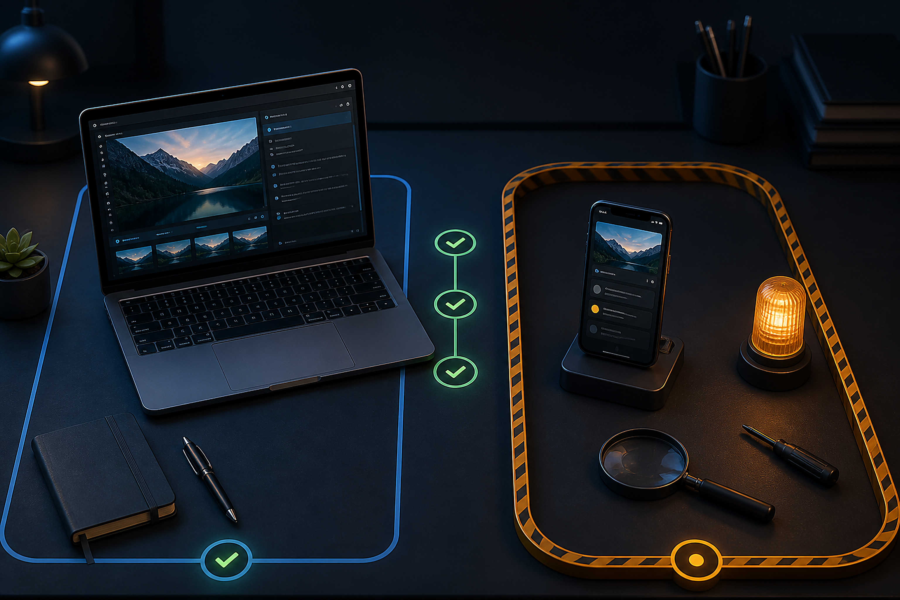 Editorial illustration separating stable production devices from a contained beta test lane