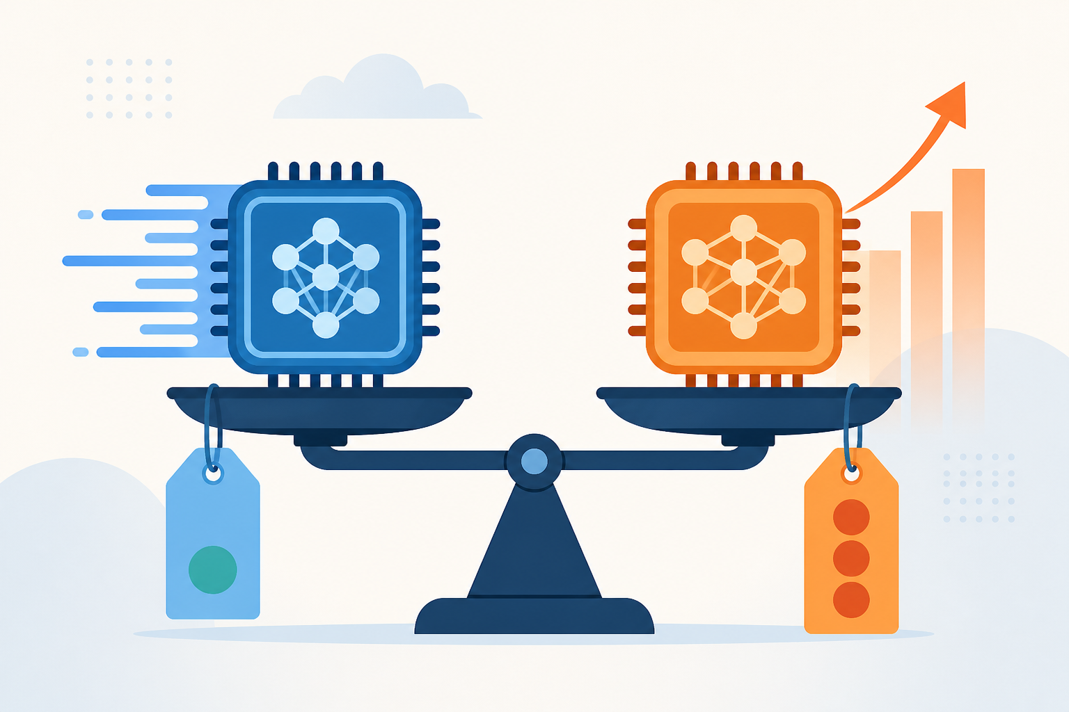 Flat illustration of two AI model chip icons on a balance scale comparing price and capability