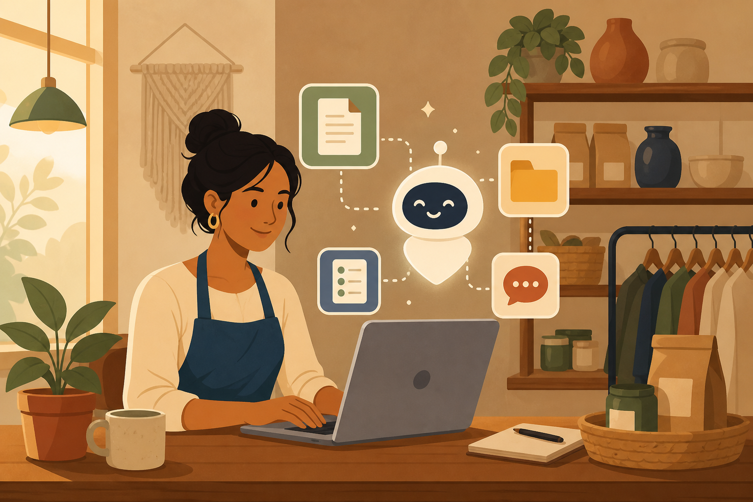 Flat illustration of a small business owner at a laptop with a friendly AI assistant icon helping organize tasks