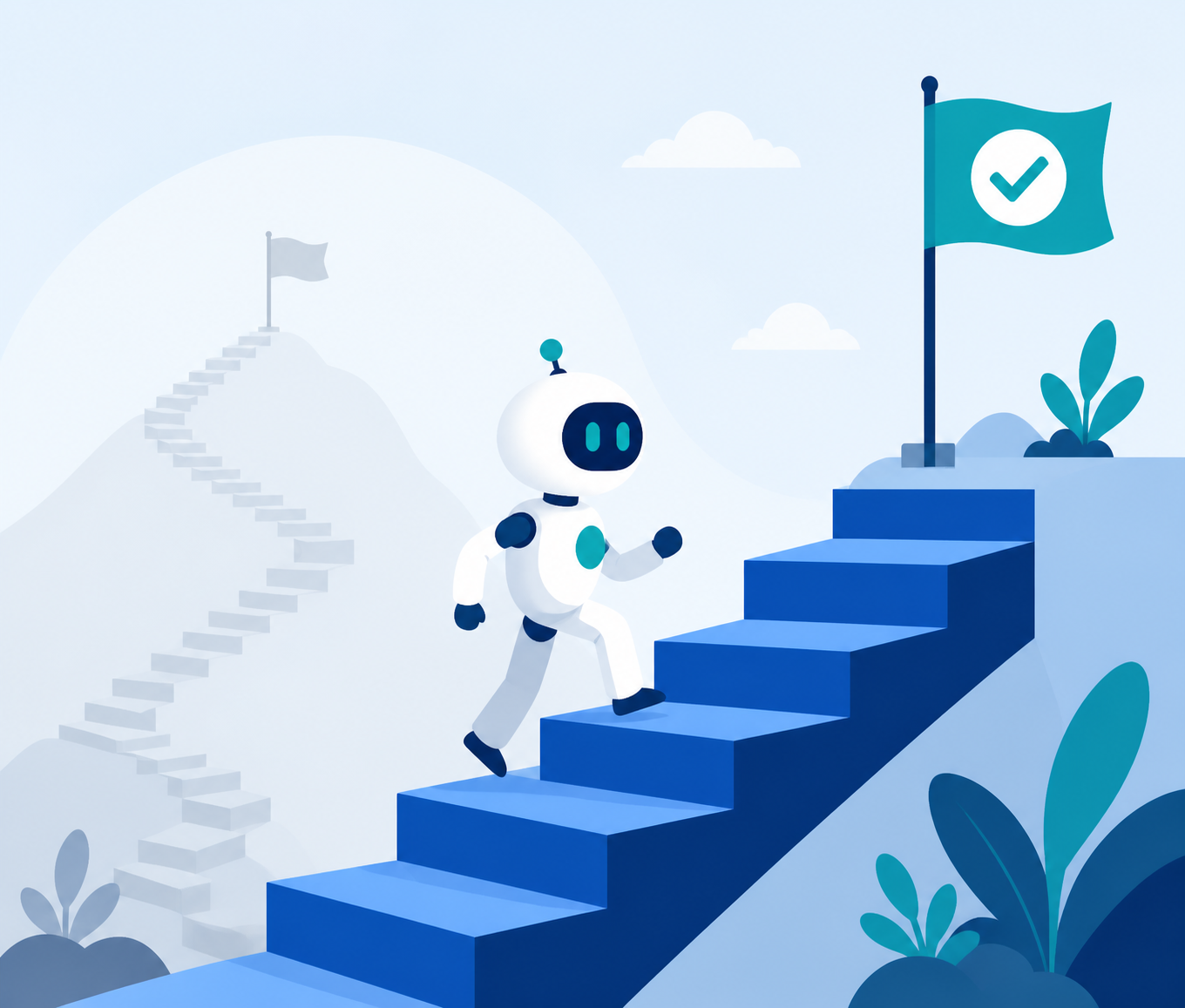 Flat illustration of an abstract AI agent icon taking fewer larger steps toward a checkmark flag, representing efficient task completion