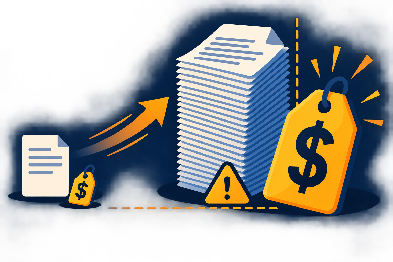 Flat illustration of a document icon expanding into a larger page stack beside a doubling price tag, representing a long-context pricing threshold
