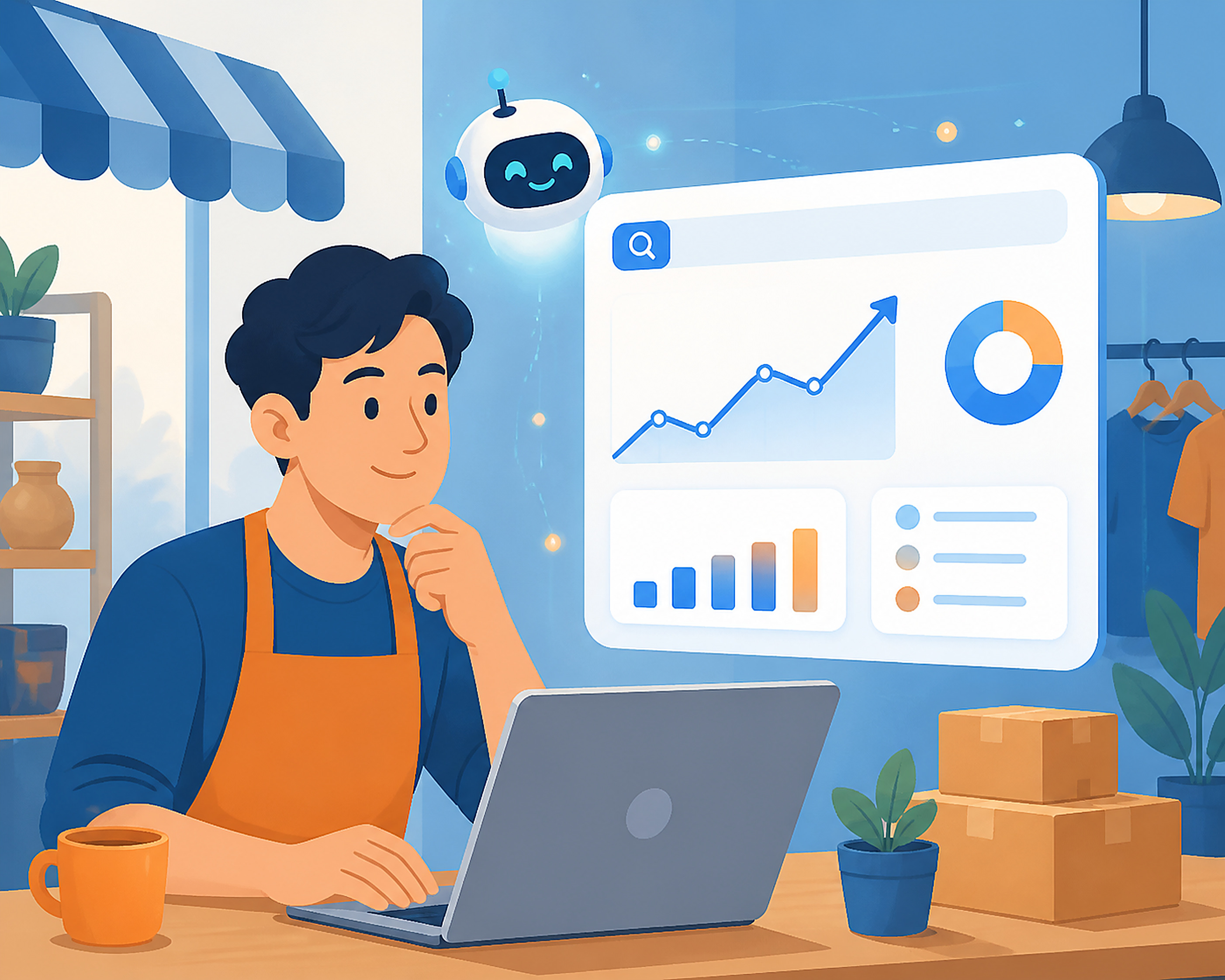 Illustration of a small business owner reviewing a search advertising dashboard with rising charts and AI icons