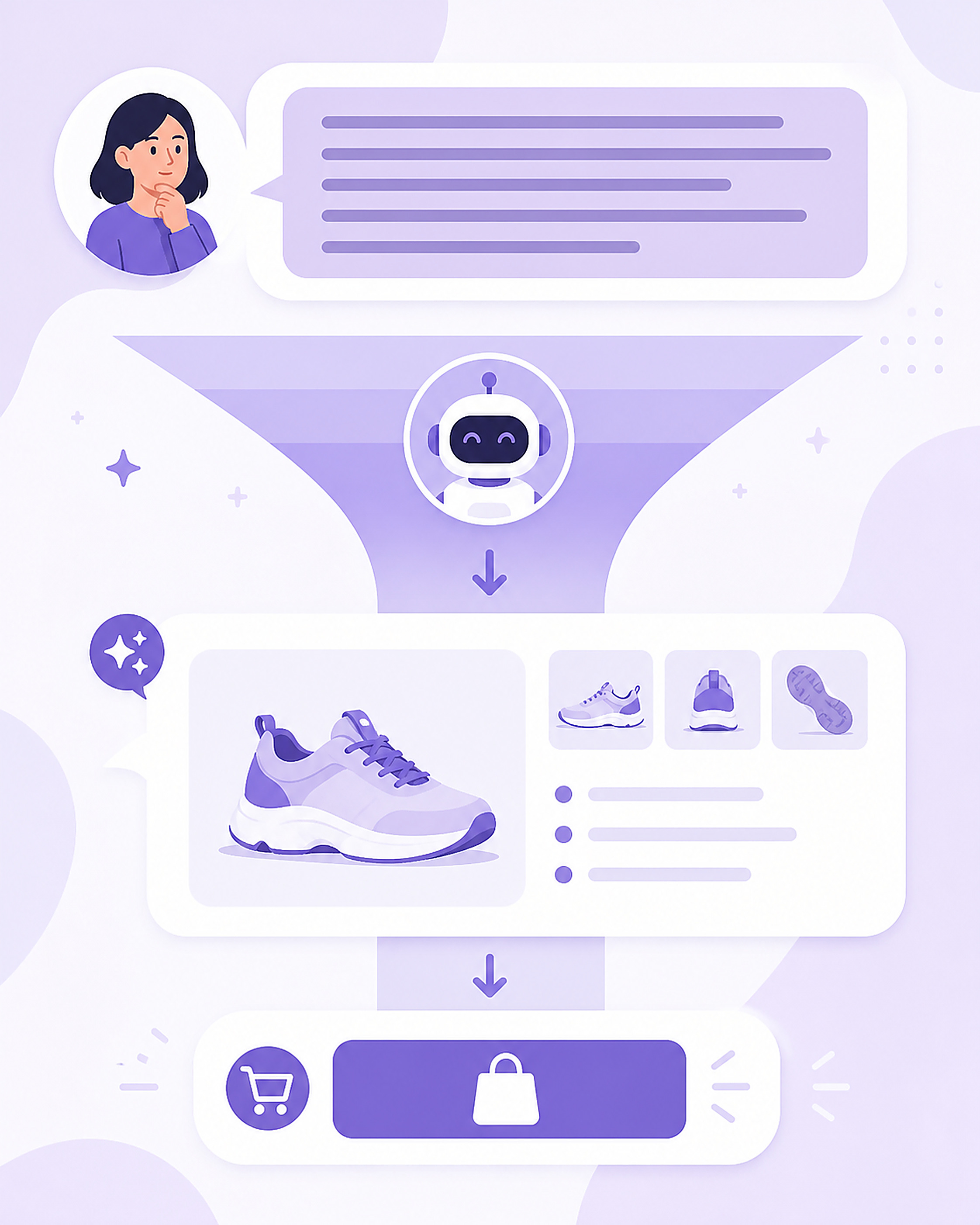 Illustration of a conversational chat bubble funneling into a product recommendation and purchase button
