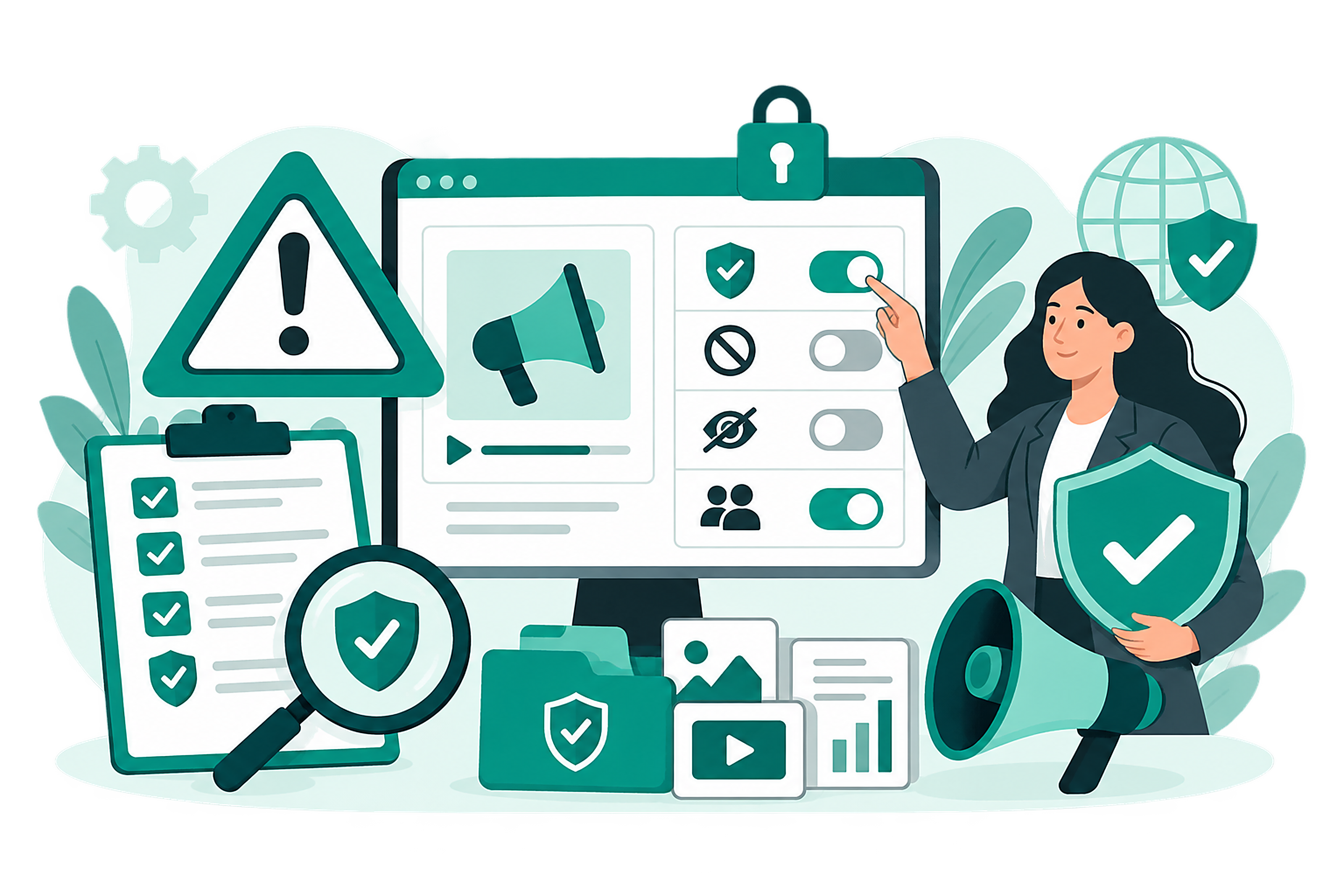 Illustration of a settings panel with toggles, a checklist, and a padlock representing brand safety controls