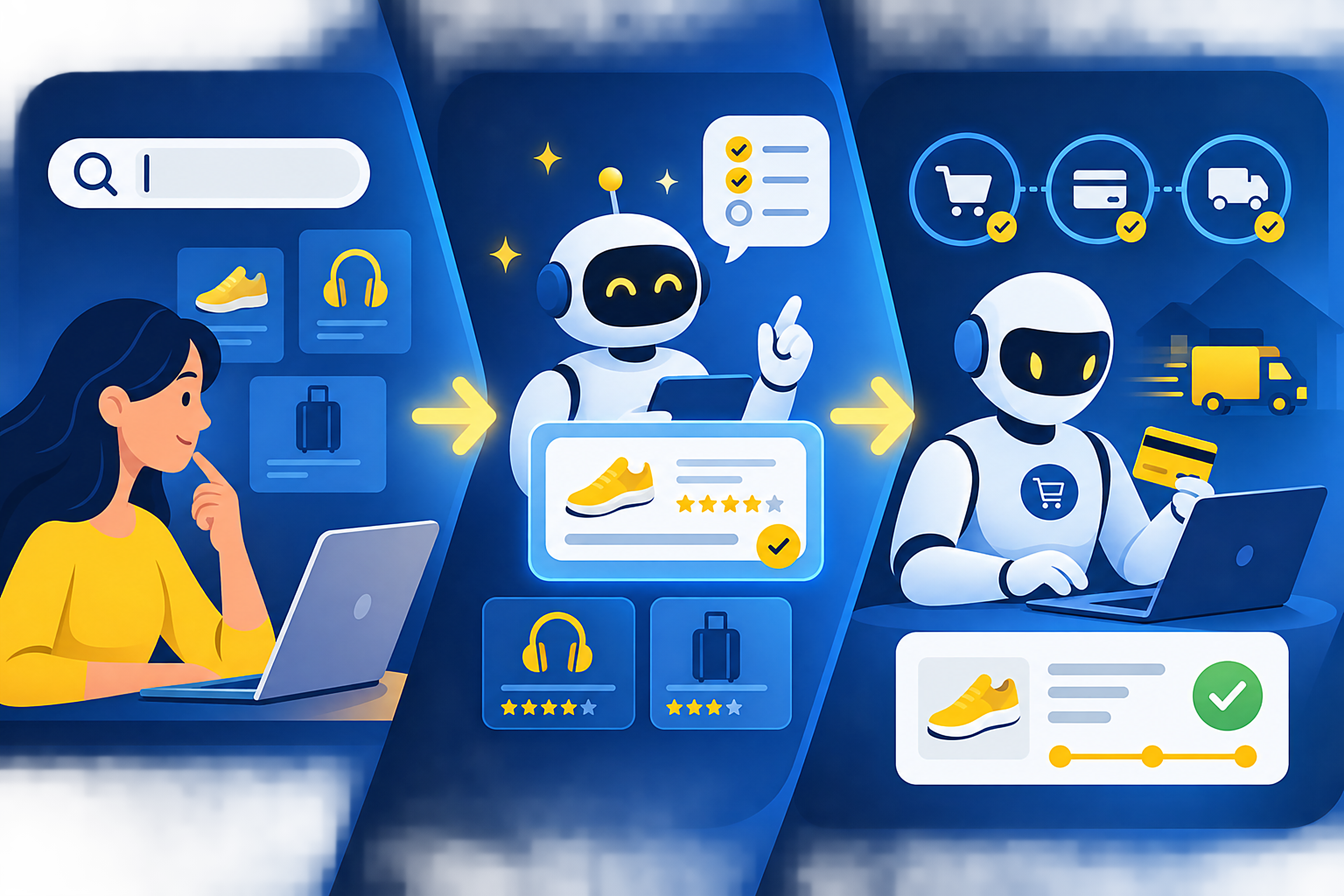 Illustration of three connected panels representing human search, AI-assisted choice, and agentic transactions