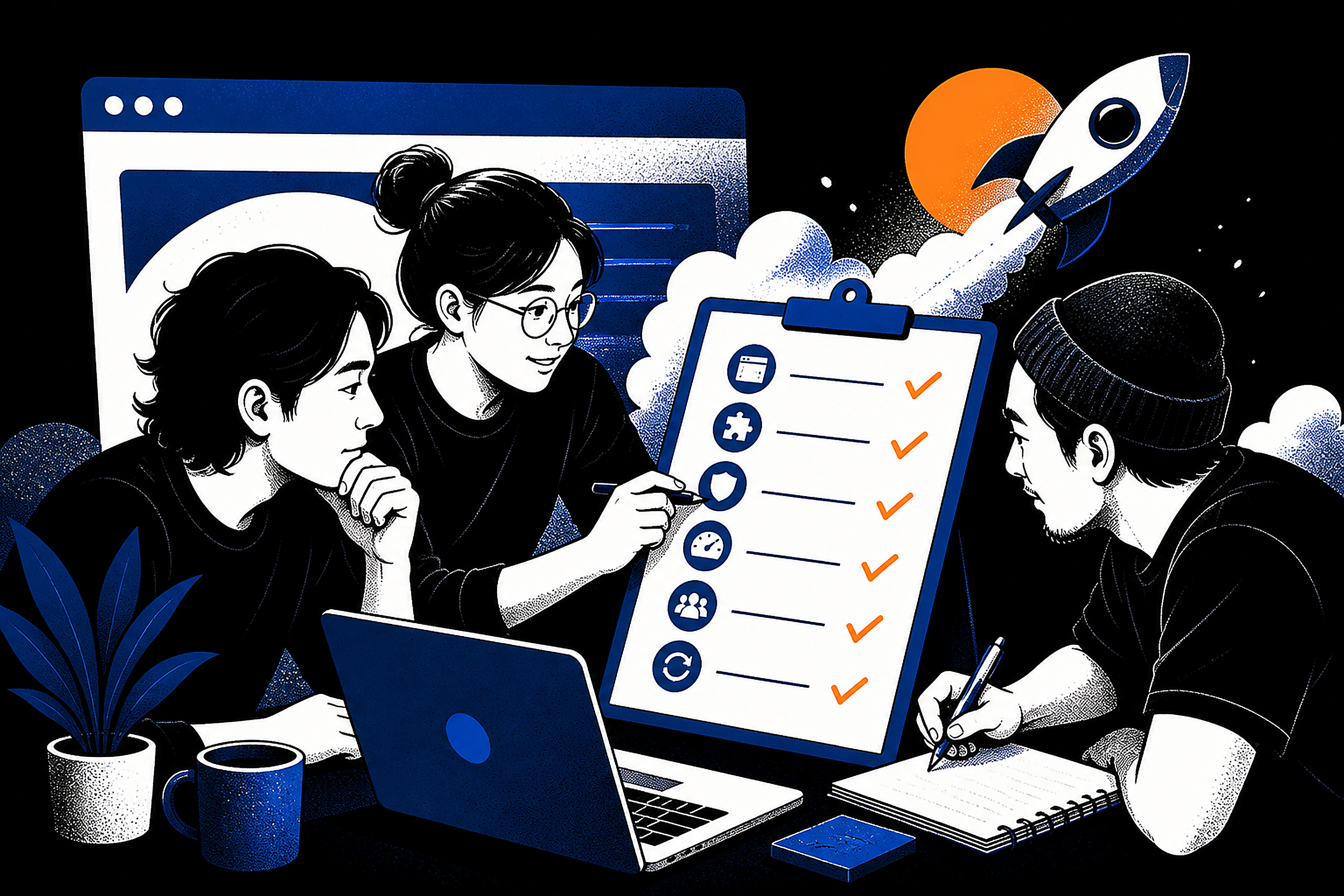 Editorial illustration of a small team planning website checks around a laptop.