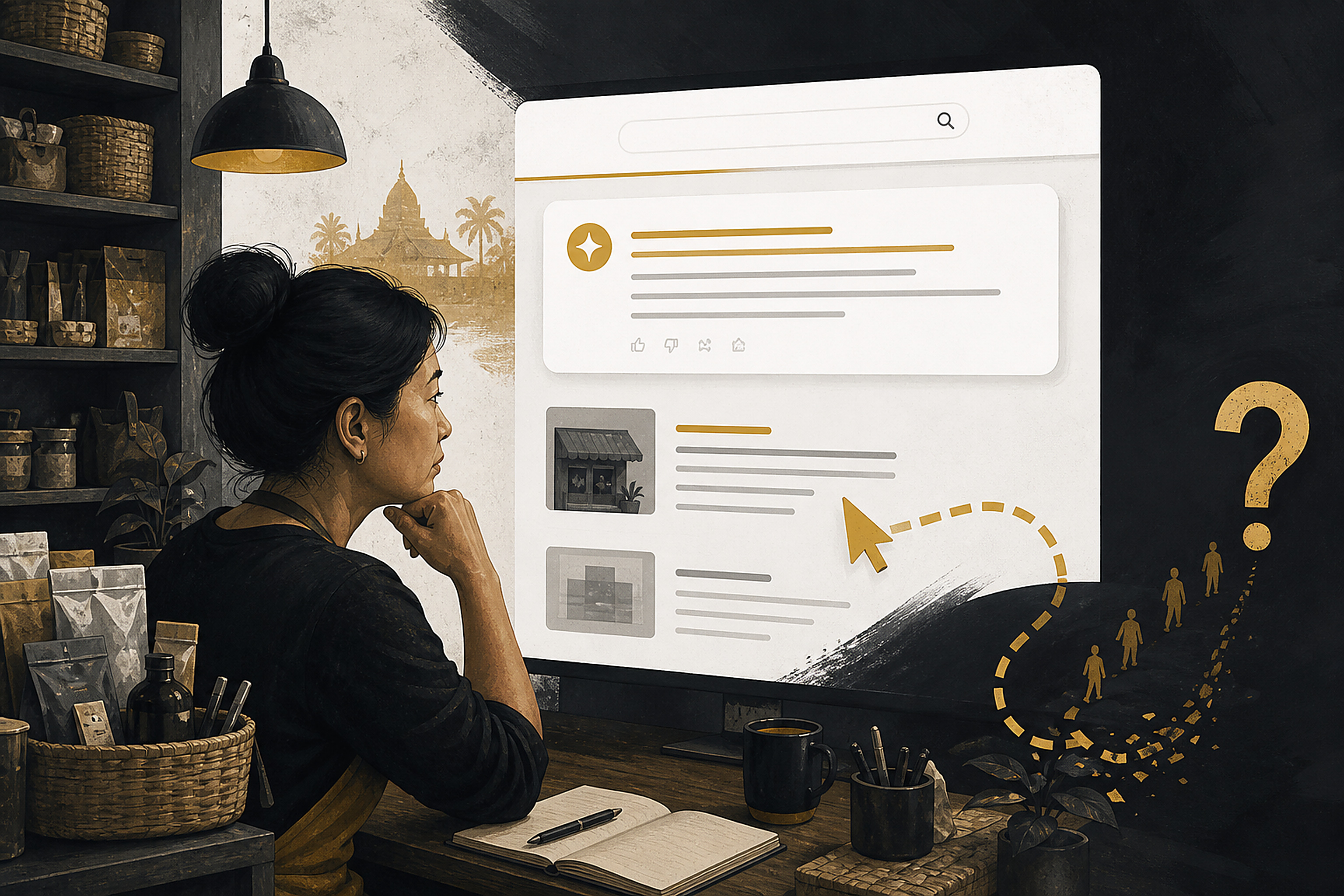 Editorial illustration of a small business owner seeing a generic AI answer panel above website results.