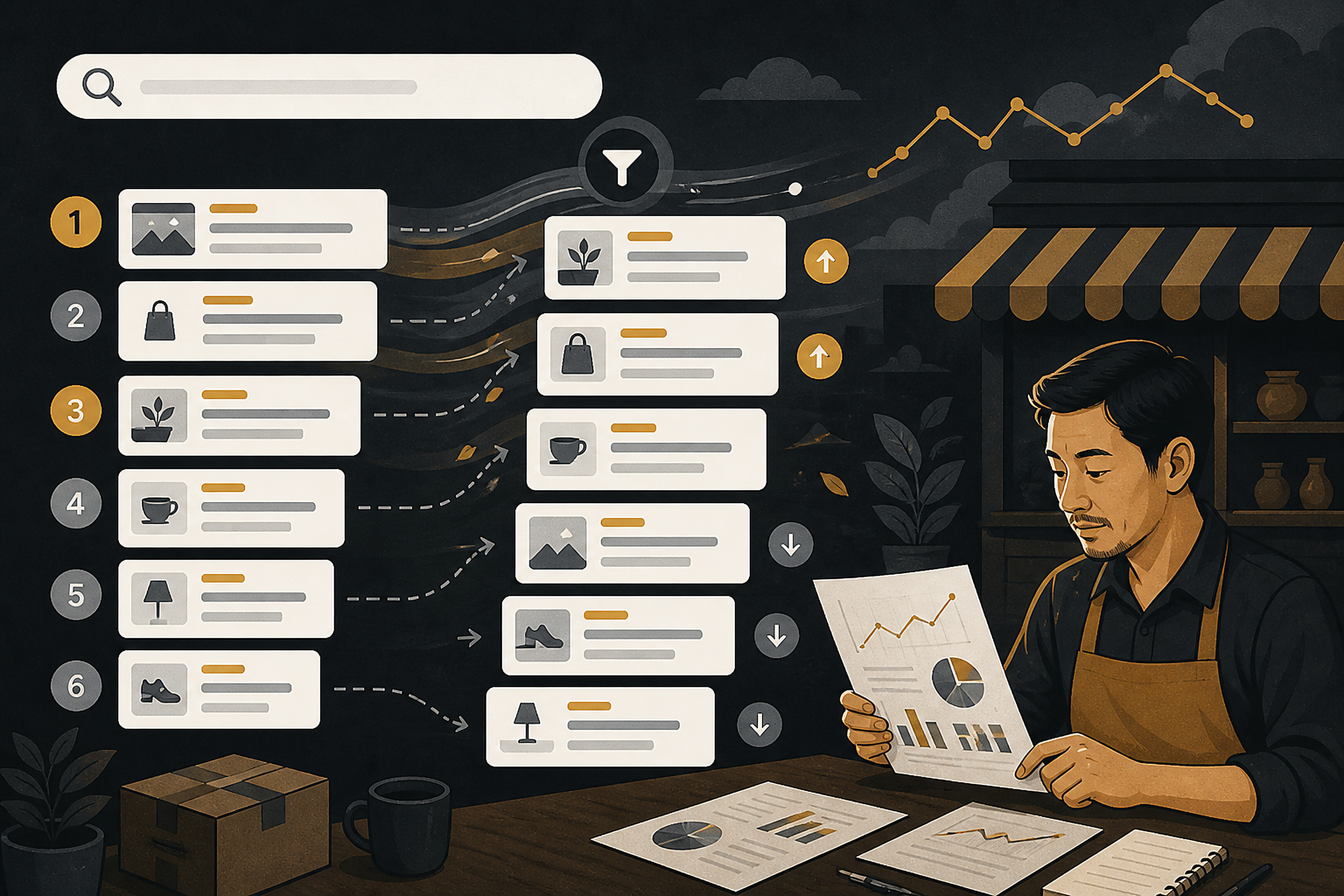 Editorial illustration of search-result cards shifting position around a filter, representing ranking volatility.