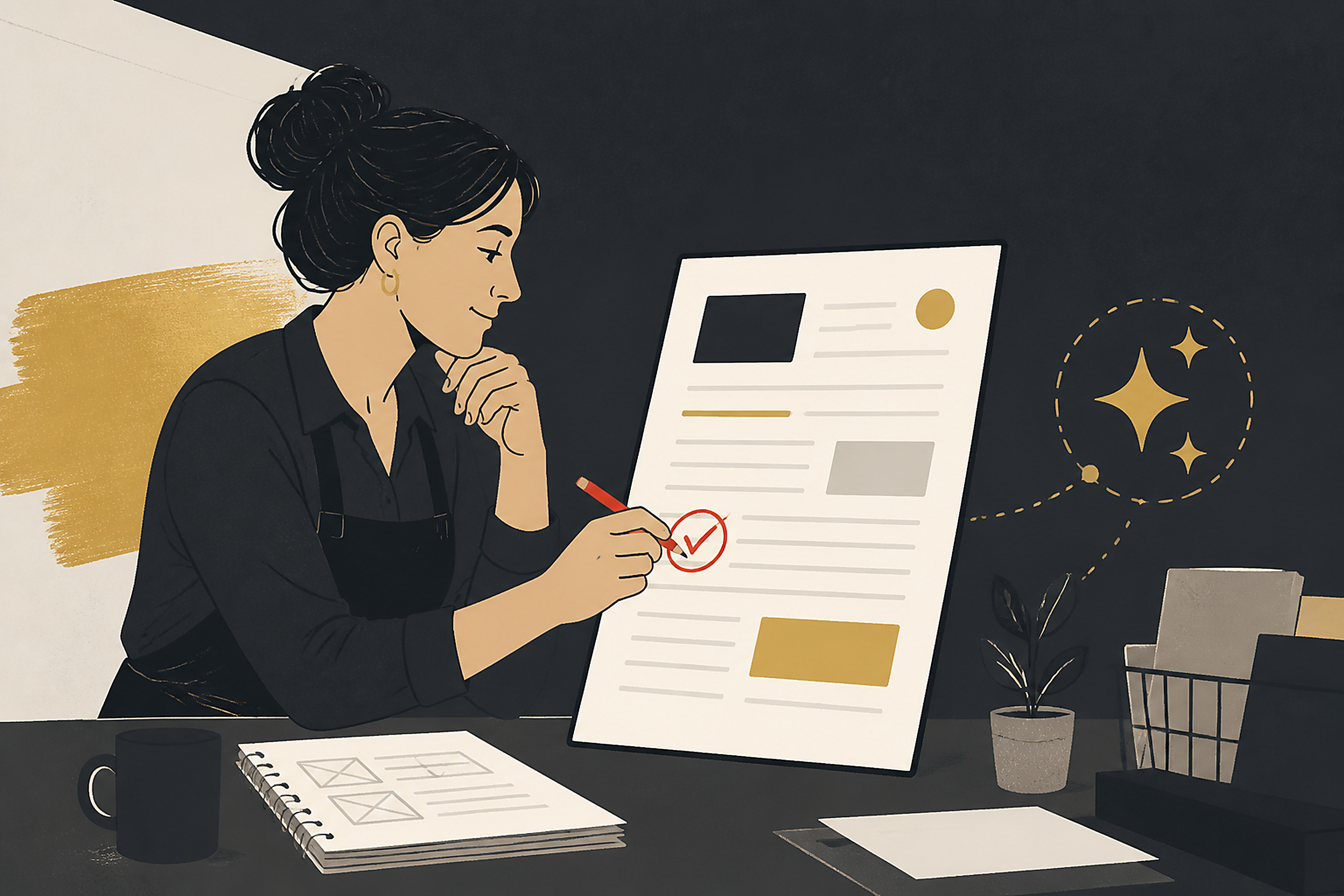 Editorial illustration of a business owner carefully reviewing work on a laptop.