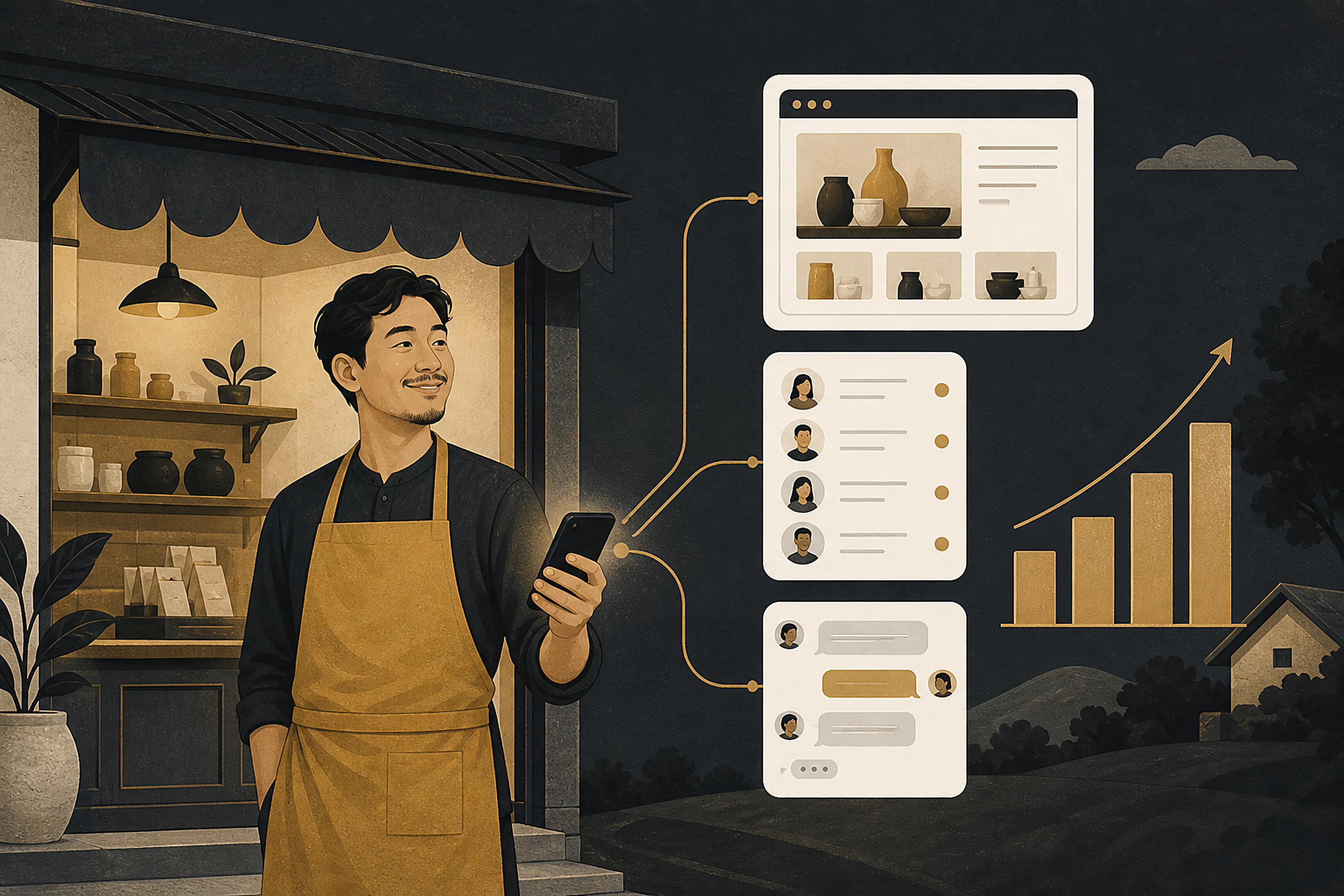 Editorial illustration of an independent local storefront and its owner.