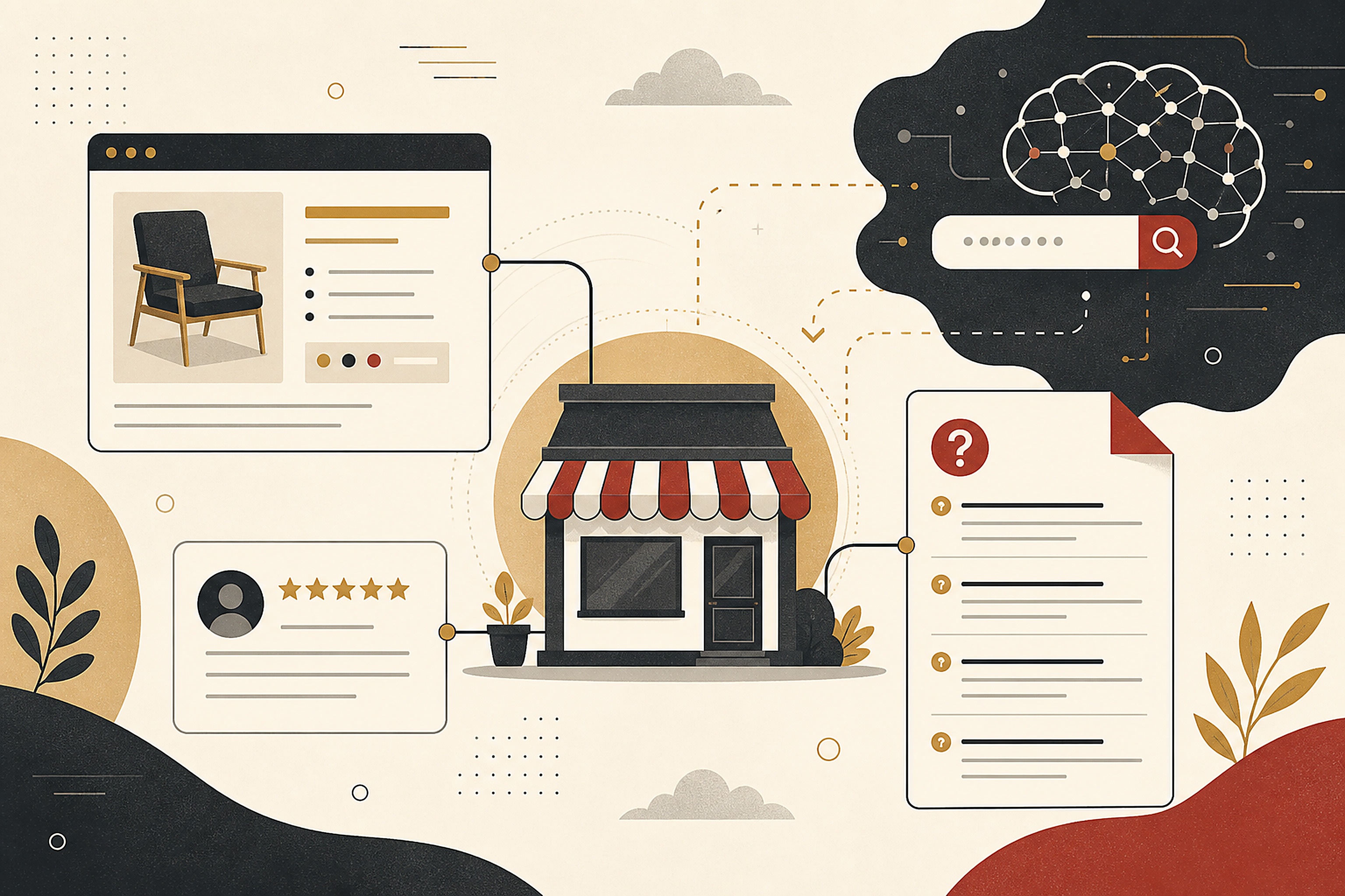 Editorial illustration of a product page with clearly structured fields and variants.