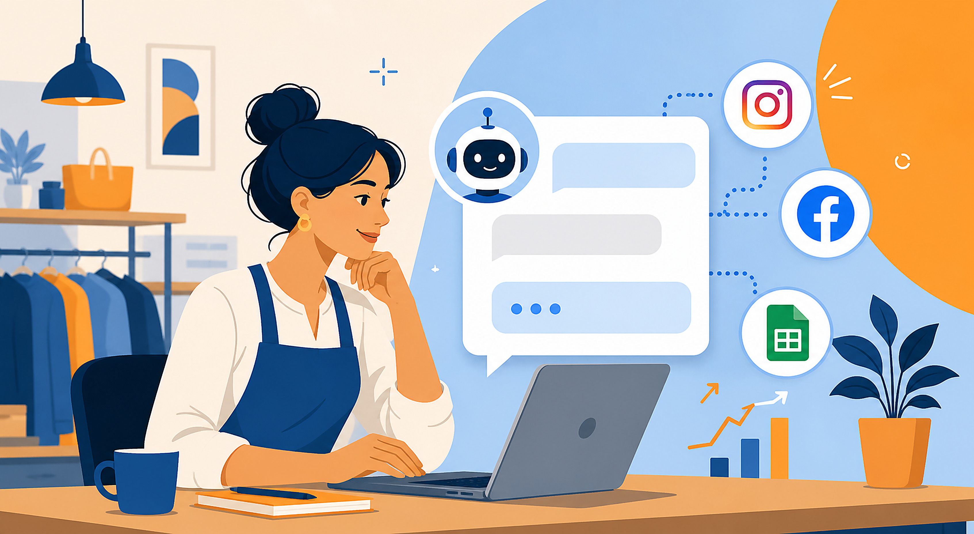 Flat illustration of a small business owner viewing an AI assistant chat overlaying Instagram, Facebook, and spreadsheet icons