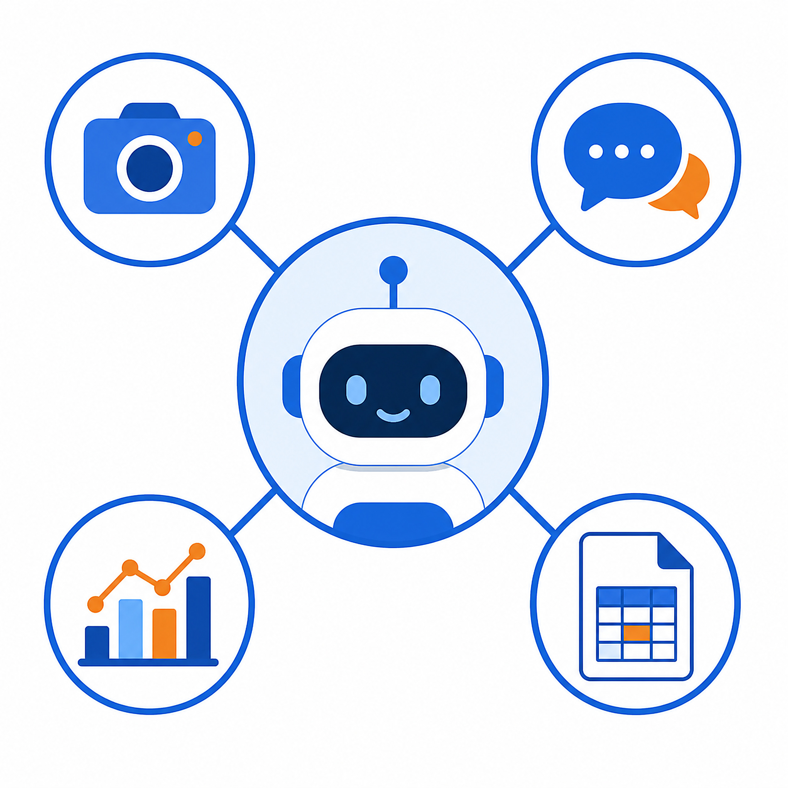 Flat vector diagram illustration of an AI assistant connected to icons representing social content, chat, analytics, and documents