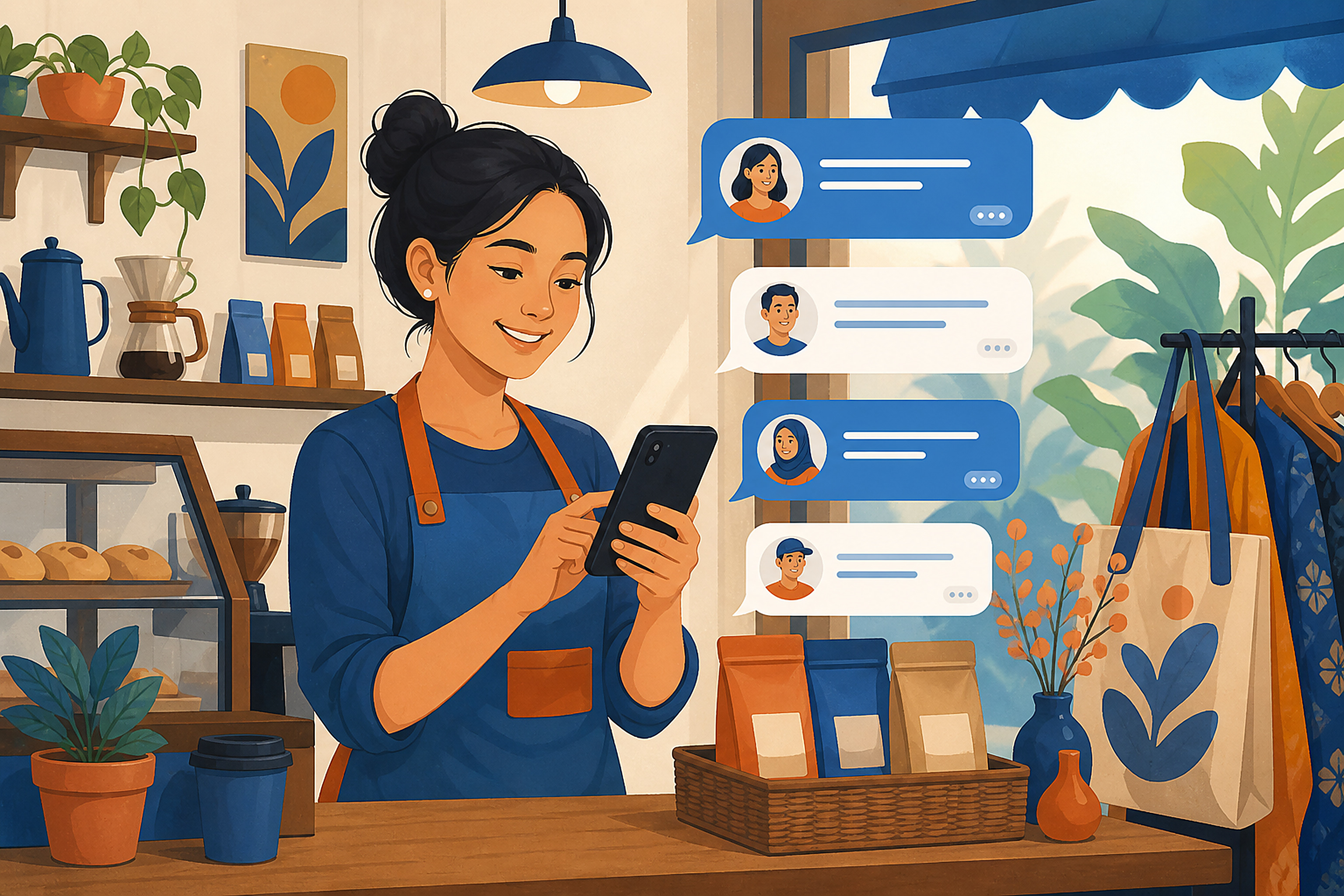 Flat editorial illustration of a small business owner using a smartphone to chat with customers in a small shop