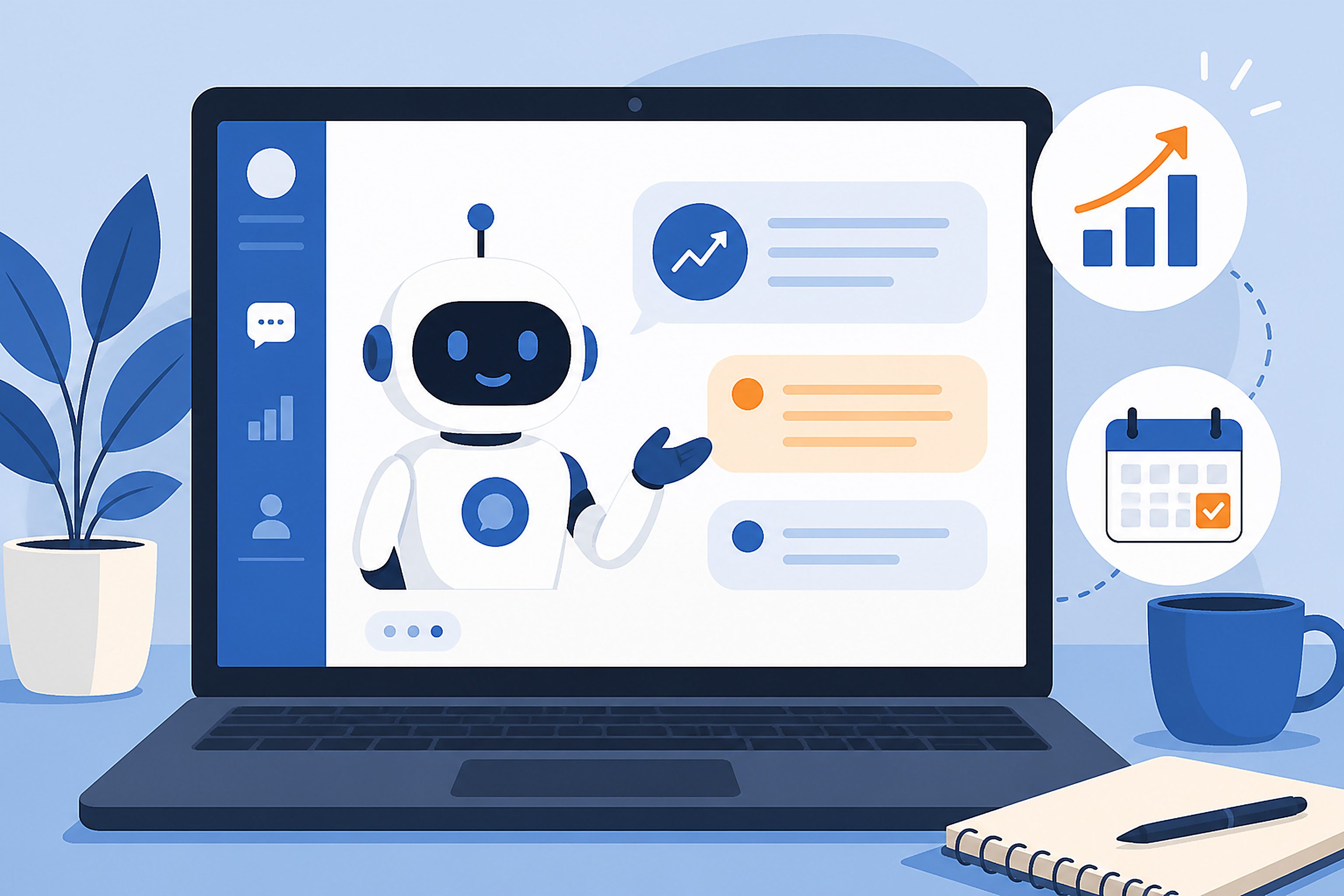 Flat editorial illustration of a laptop screen showing a friendly AI chat assistant giving business advice