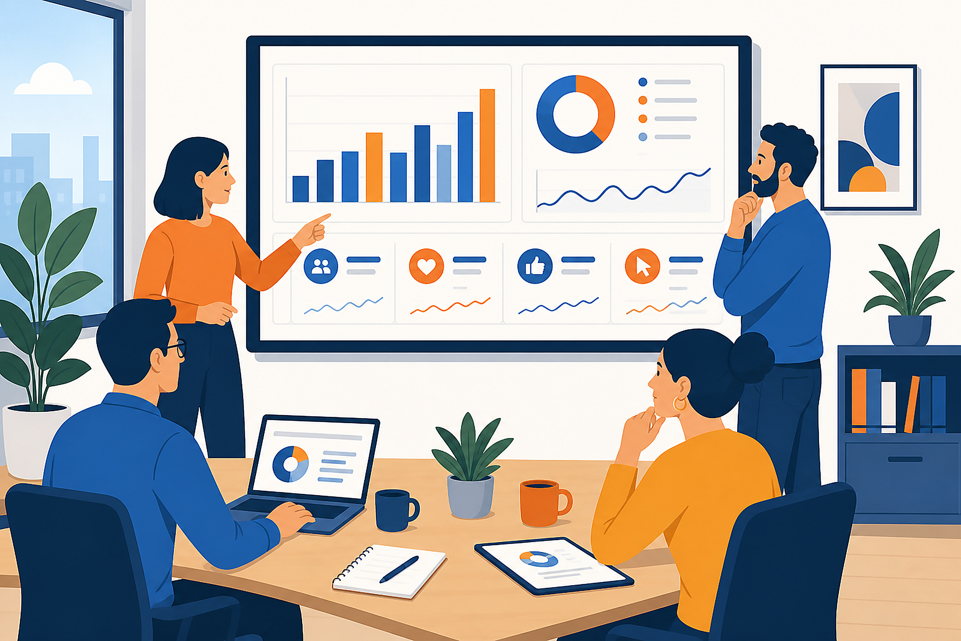 Flat editorial illustration of a small marketing team reviewing a dashboard with engagement charts