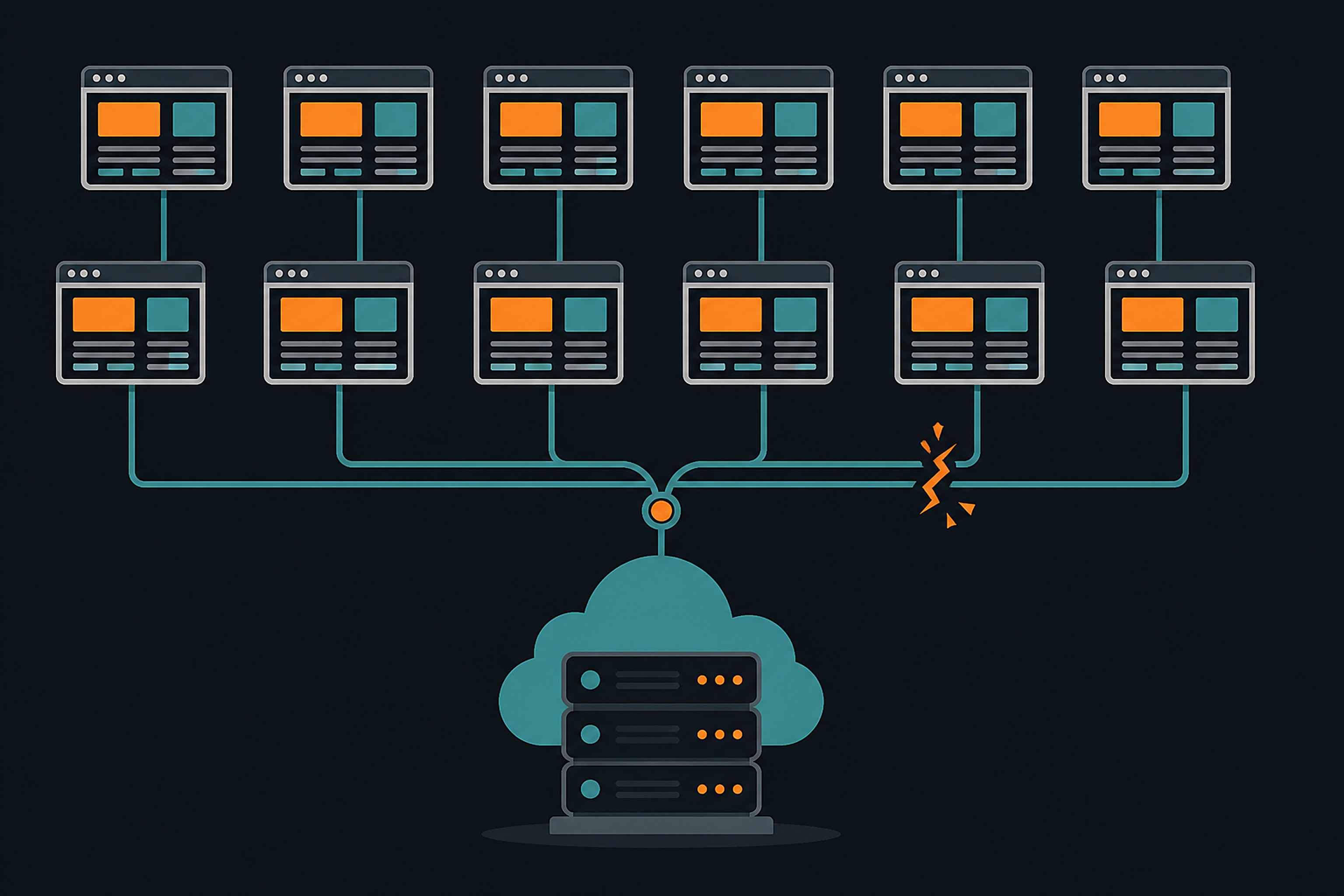 Conceptual infographic showing a single central server icon holding up many small website icons balanced on thin lines, with one line cracking, illustrating a single point of failure