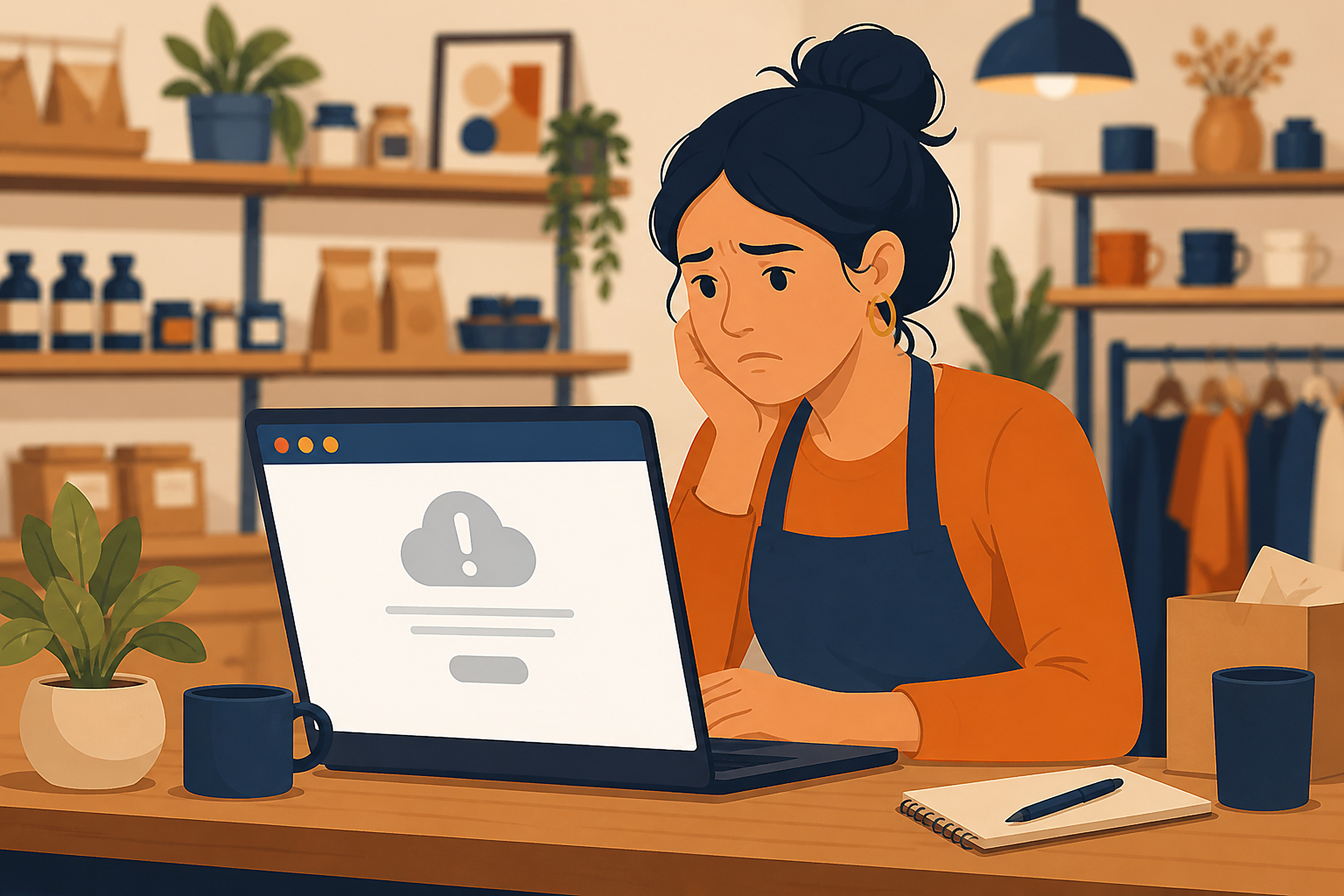 Illustration of a small business owner looking at a laptop showing a site unavailable error, standing in a small shop with blurred shelves and products in the background