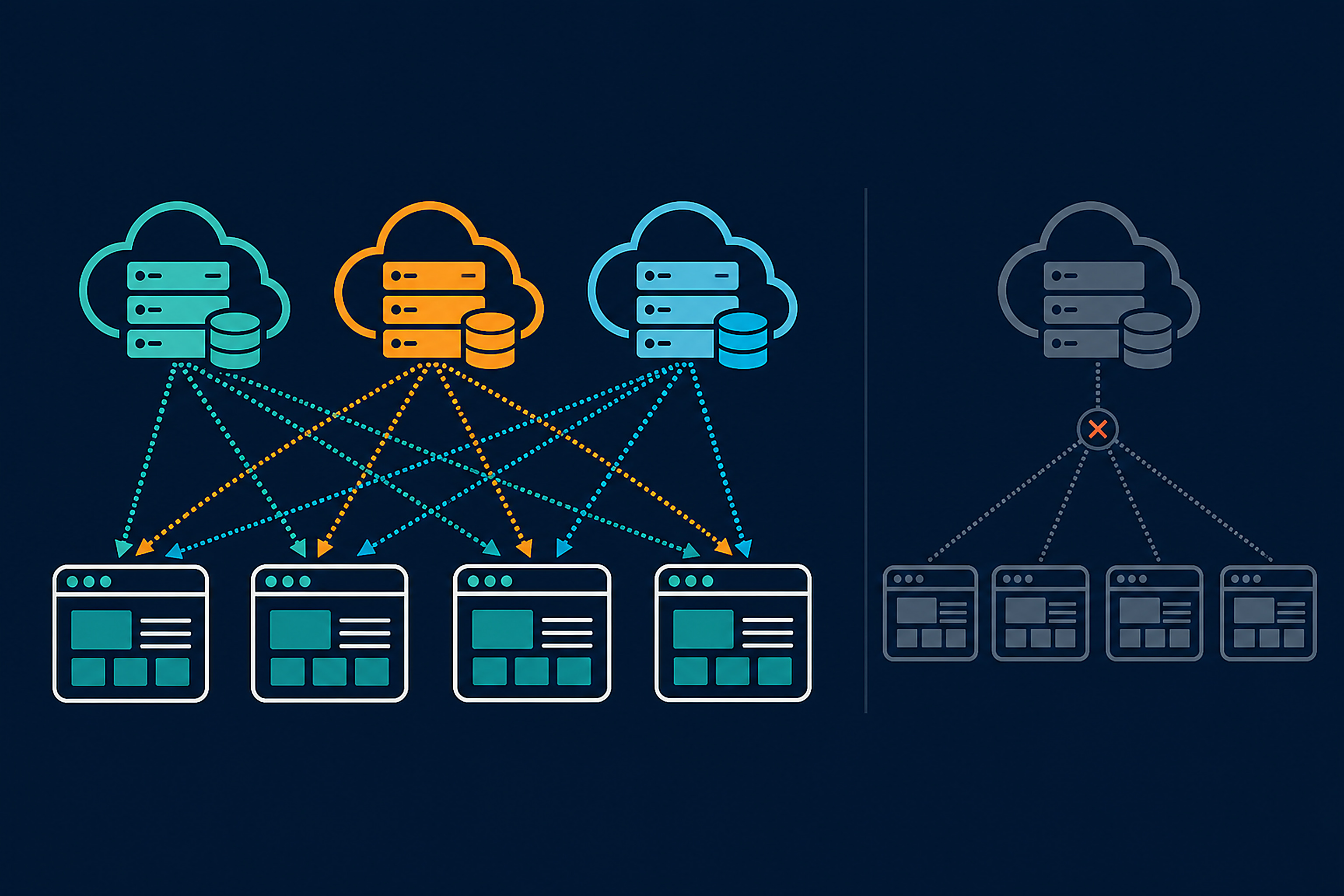 Conceptual diagram contrasting a single point of failure setup with a distributed multi-provider backup setup connecting several small servers to website icons