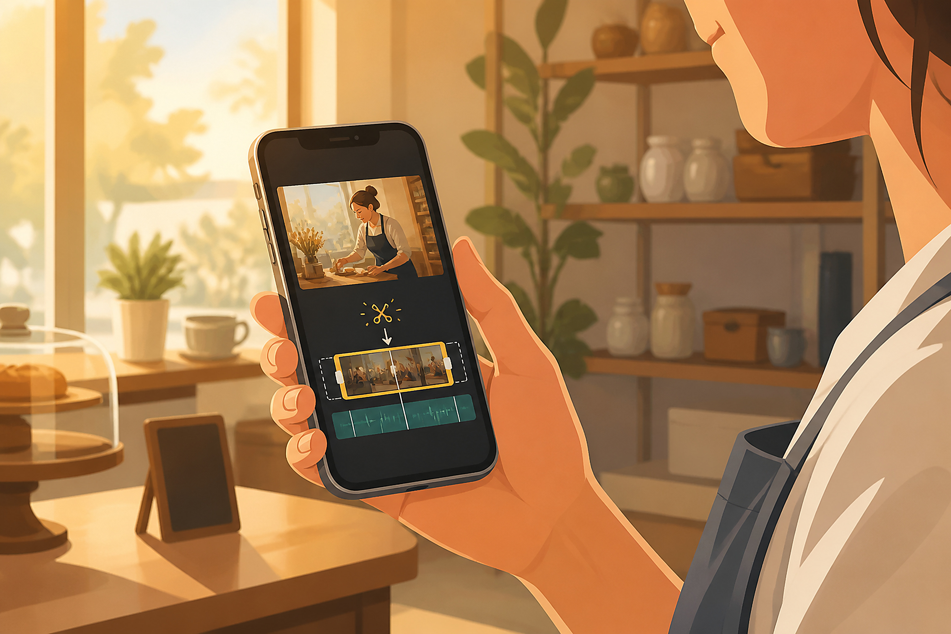 Ilustrasi asli seseorang mengedit klip video pendek di ponsel dengan pencahayaan hangat.