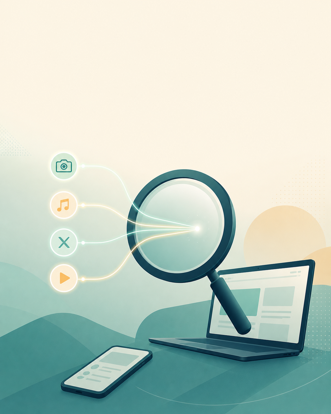 Ilustrasi editorial kaca pembesar di atas ponsel dan laptop dengan empat ikon platform (kamera, catatan musik, huruf X, tombol putar) terhubung garis hasil pencarian, gaya vektor datar teal dan krem