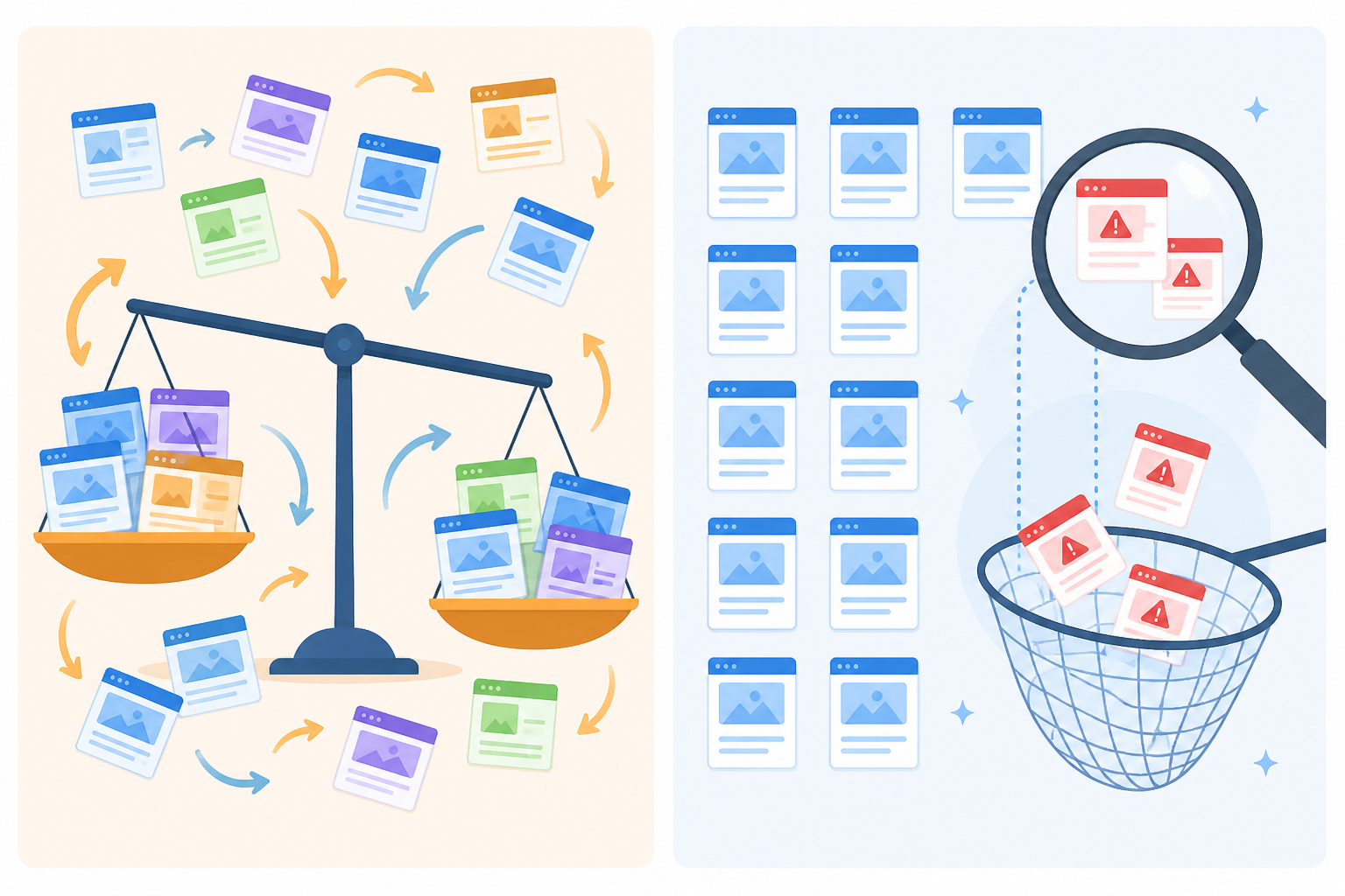 Conceptual illustration comparing a broad core update with a focused spam update filter