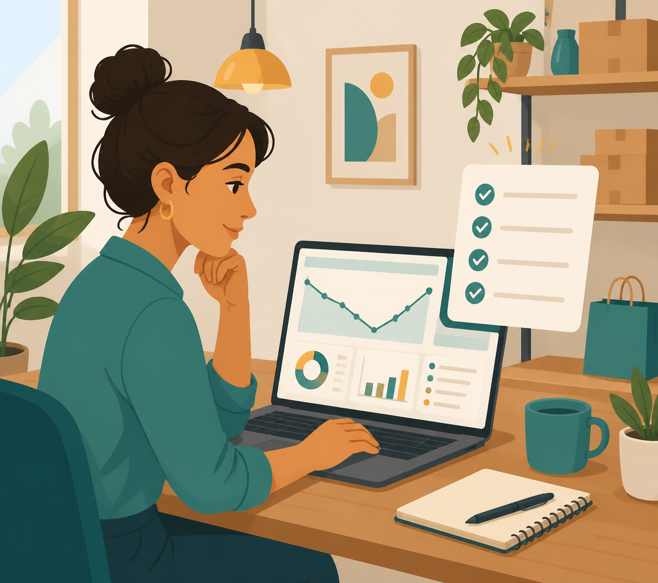 Illustration of a small business owner reviewing a website traffic dashboard and checklist