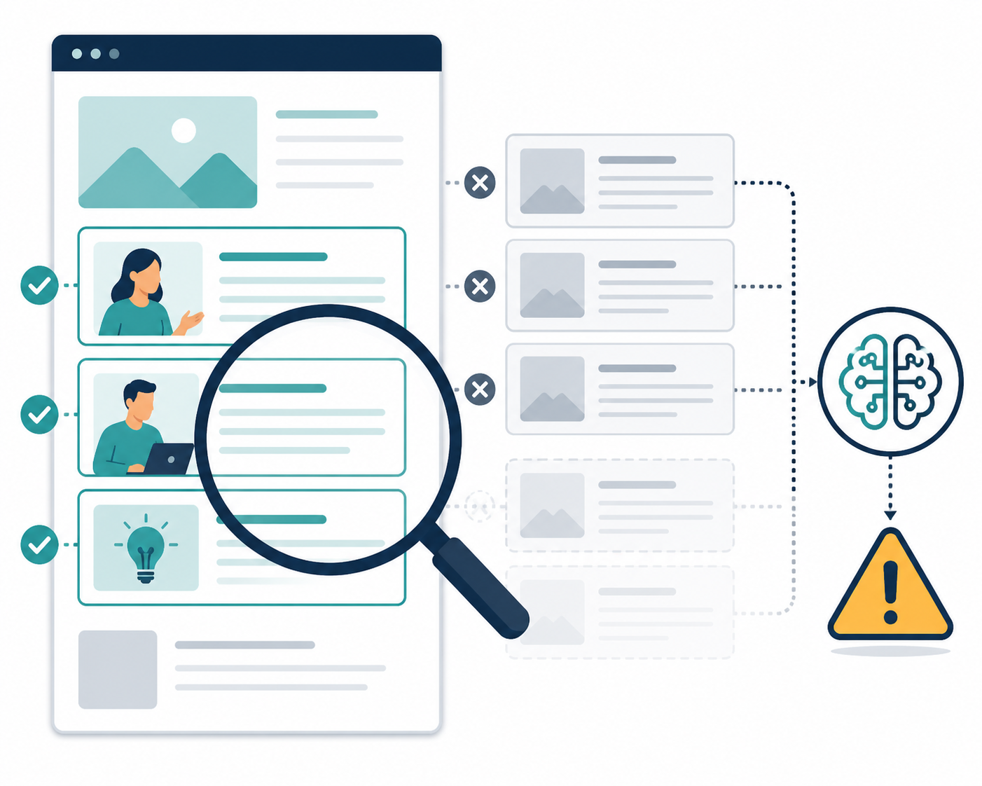 Conceptual illustration of a magnifying glass checking the quality of webpage content