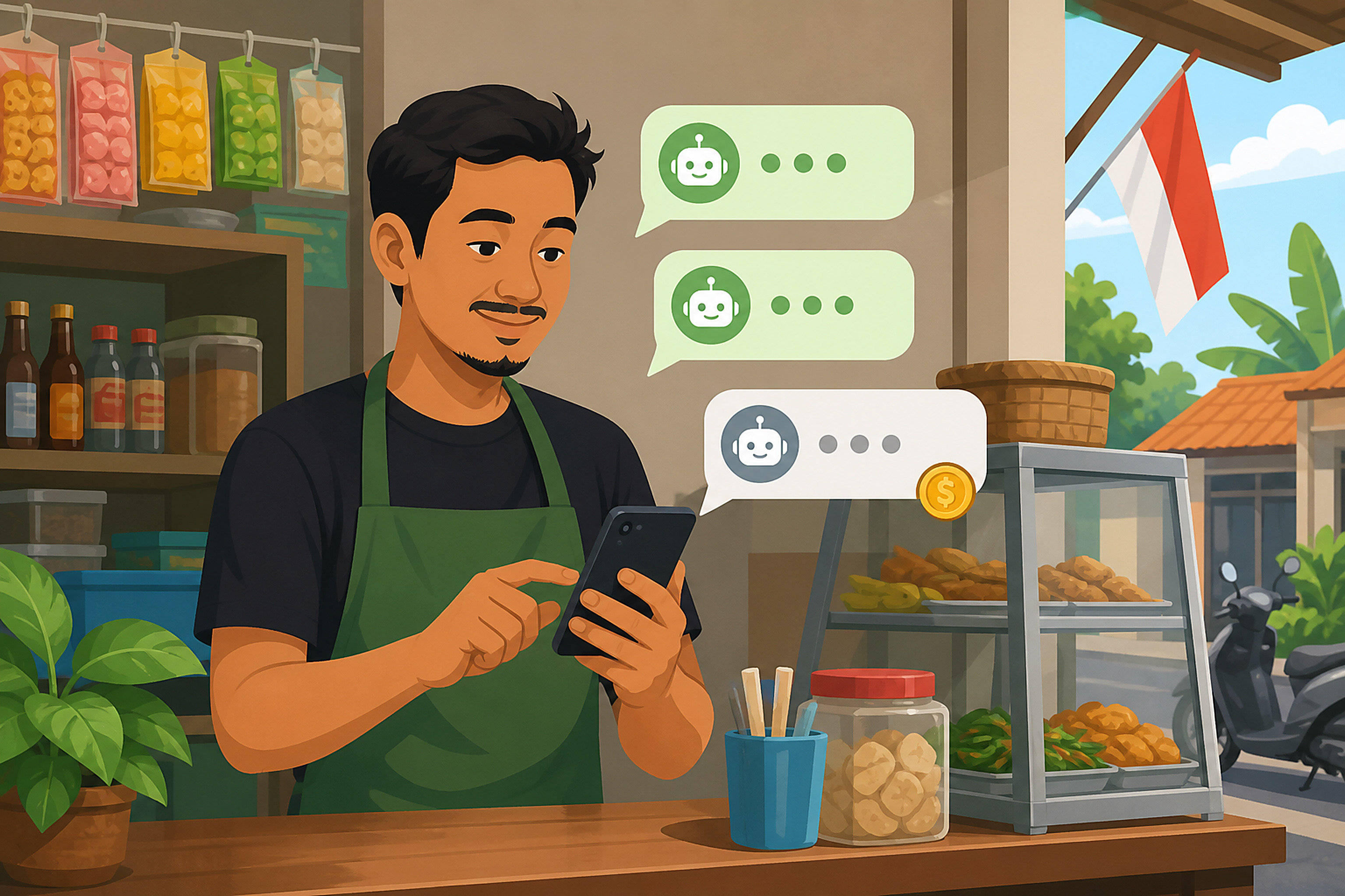 Flat illustration of a small shop owner looking at a smartphone with chat bubbles above it, one bubble marked with a small coin icon