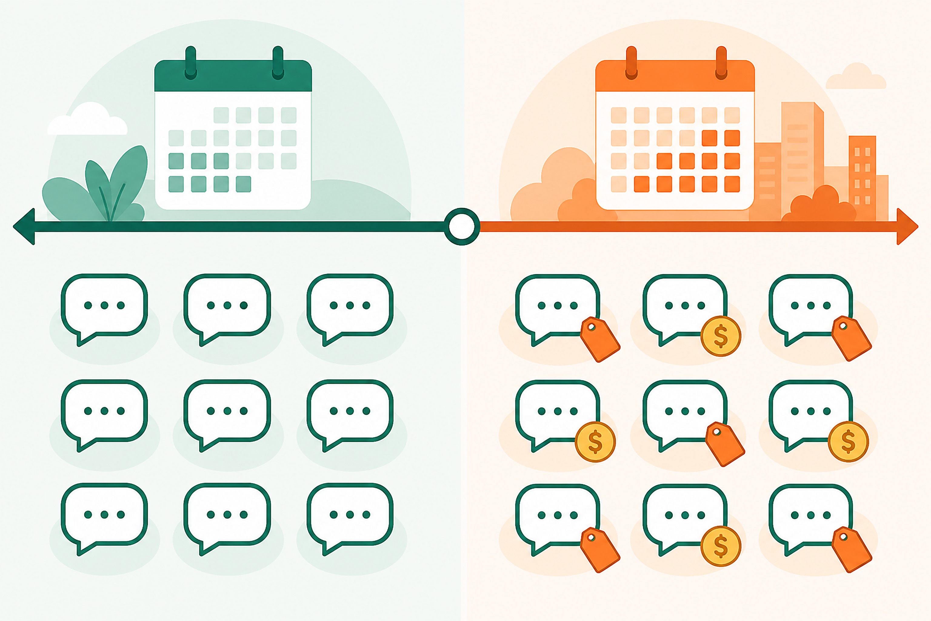 Flat infographic showing two timelines: free chat bubbles before October 2026 versus the same bubbles paired with price tags after October 2026