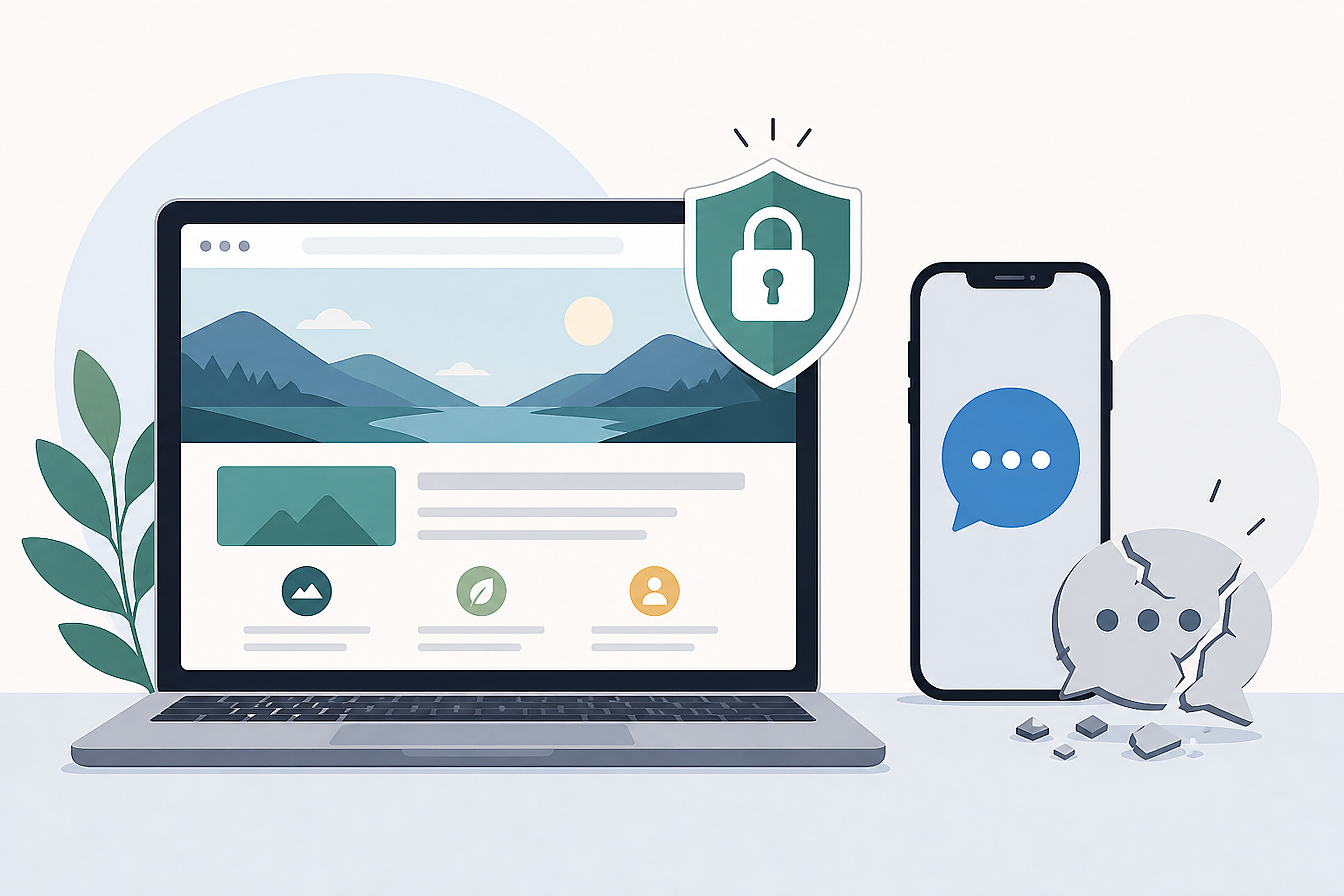 Flat illustration contrasting a stable website on a laptop with a shield icon against a fragile chat bubble icon on a phone
