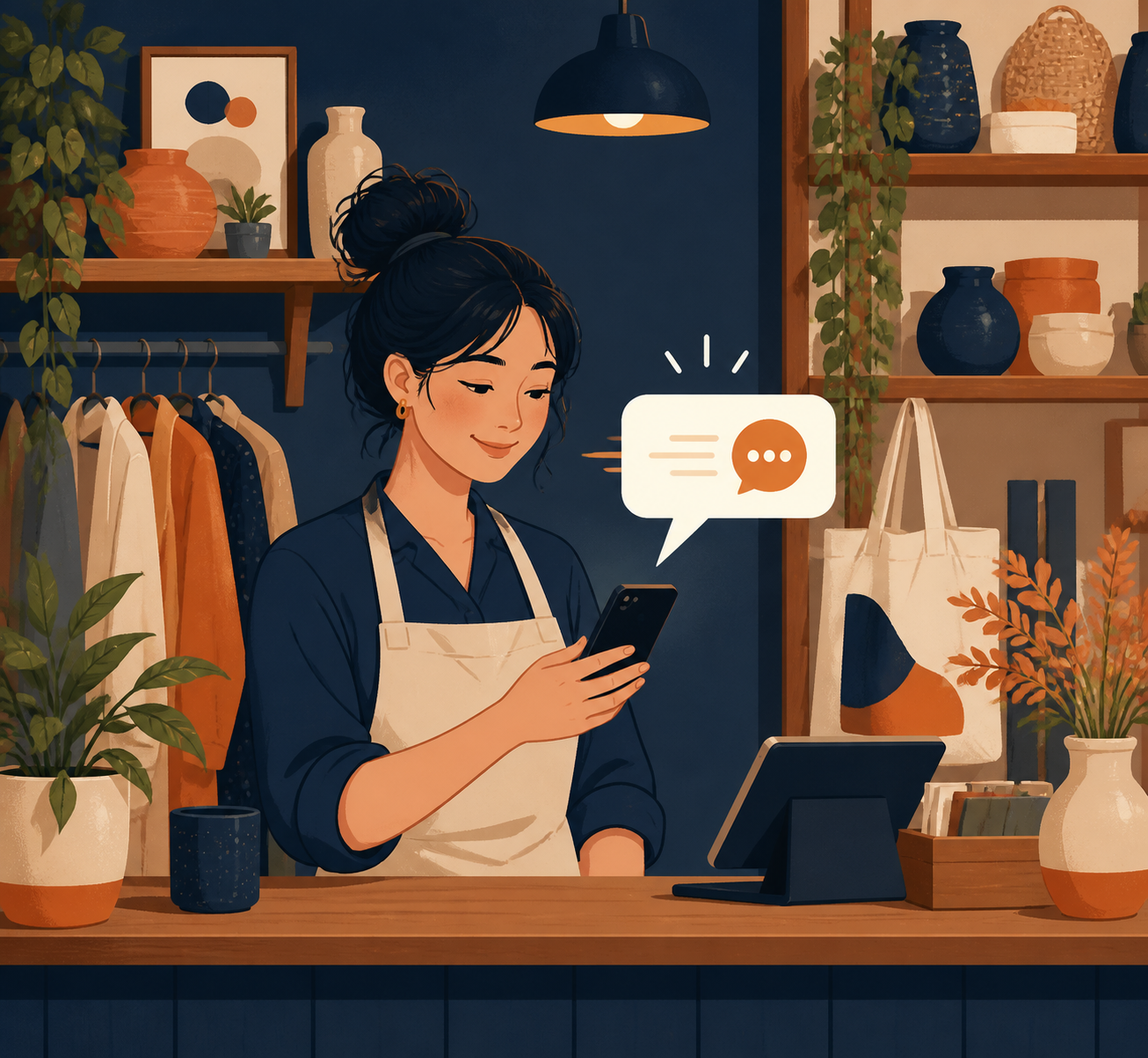 Illustration of a small shop owner looking at a smartphone with an instant reply bubble