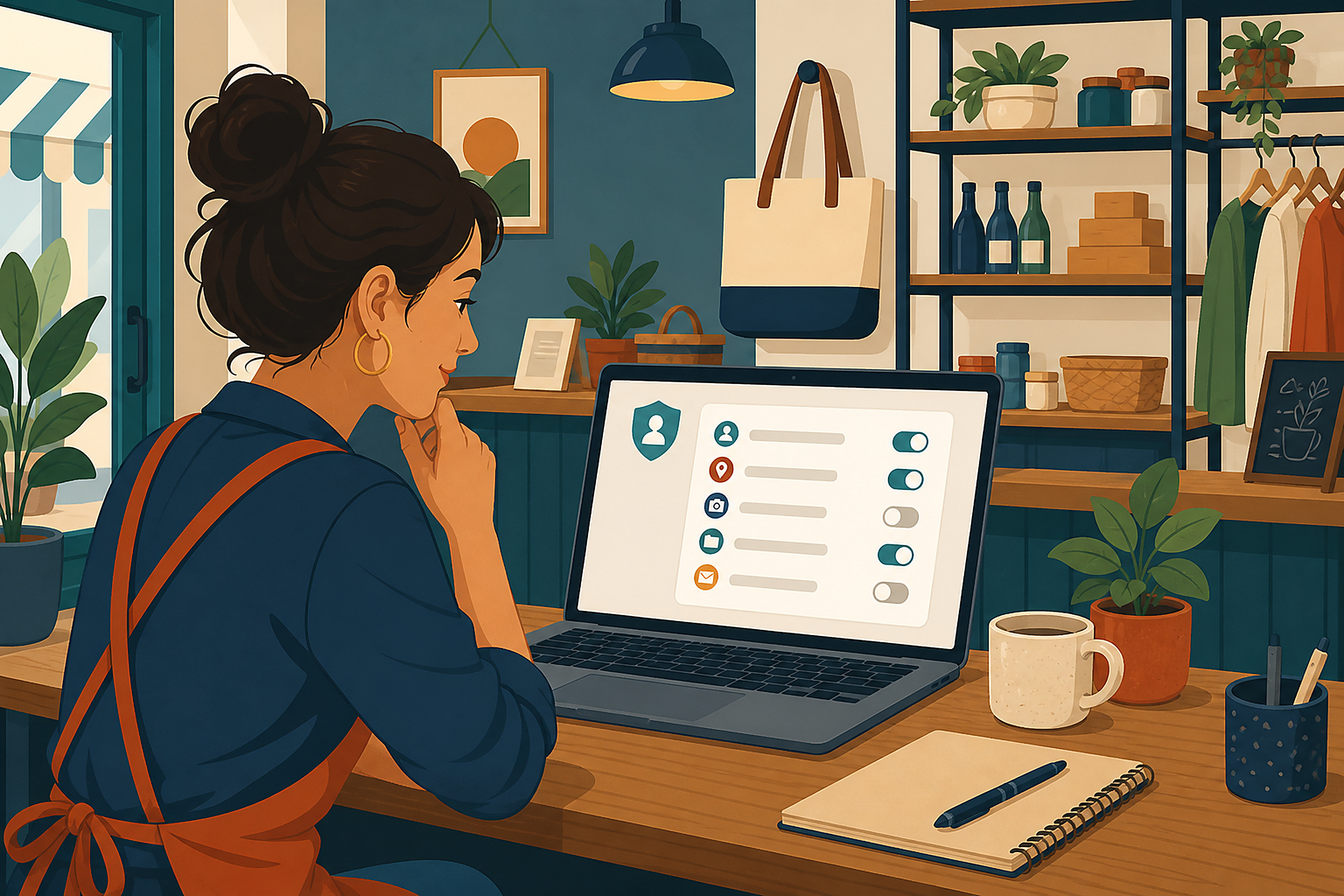 Illustration of a small business owner at a desk in a modest shop reviewing a generic app permissions checklist on a laptop