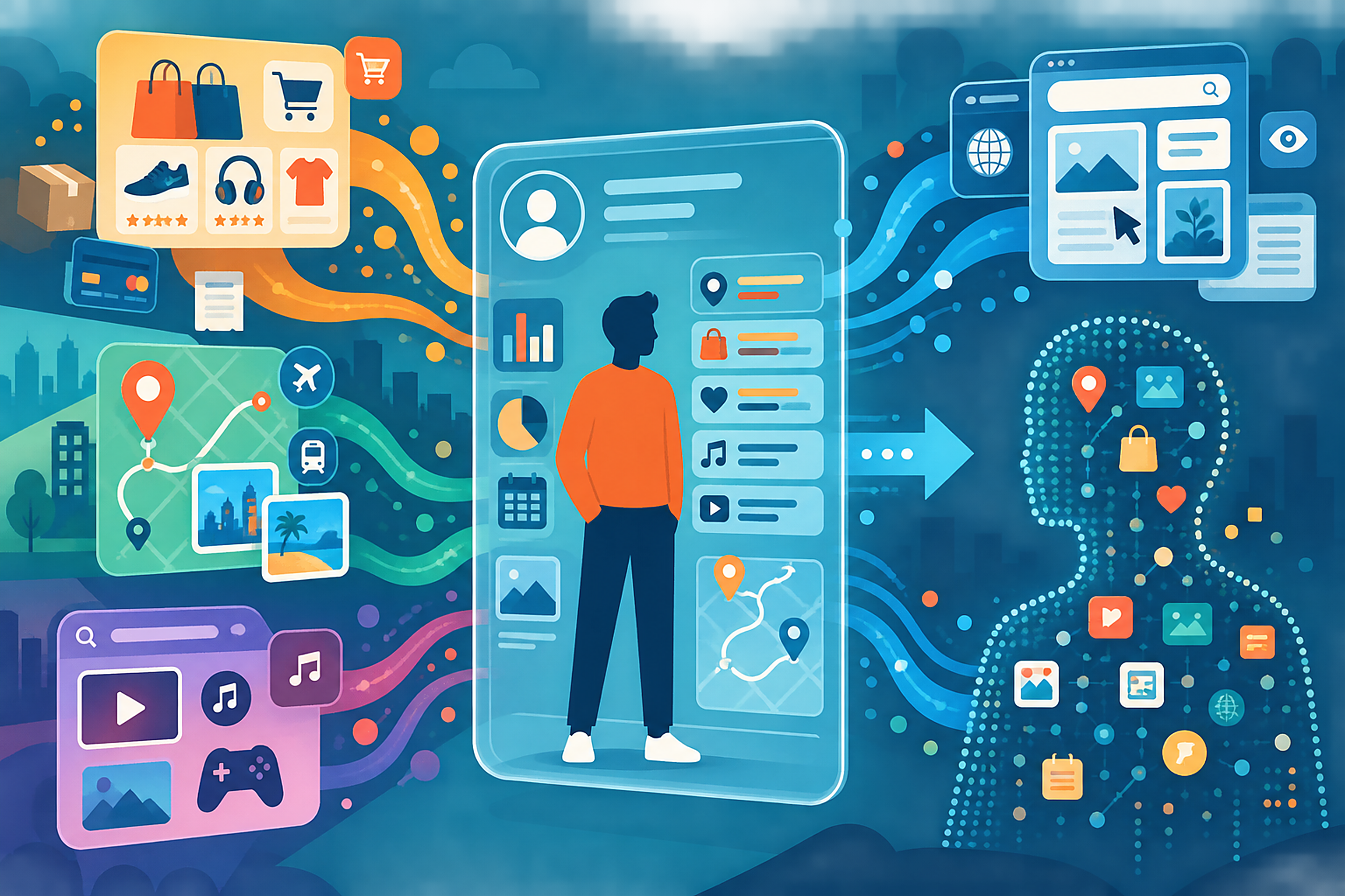 Conceptual illustration of a silhouette figure inside an outline profile card assembled from icons representing shopping, location, and browsing habits