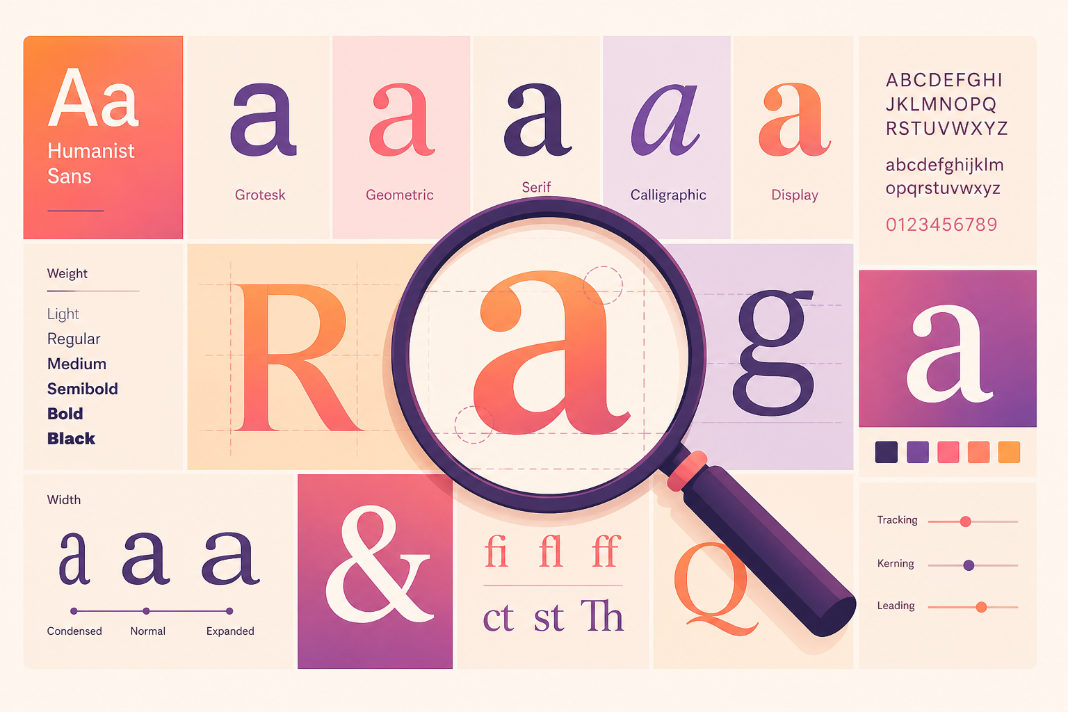 Flat illustration of a magnifying glass over abstract typography letterforms and font specimens, representing typeface exploration