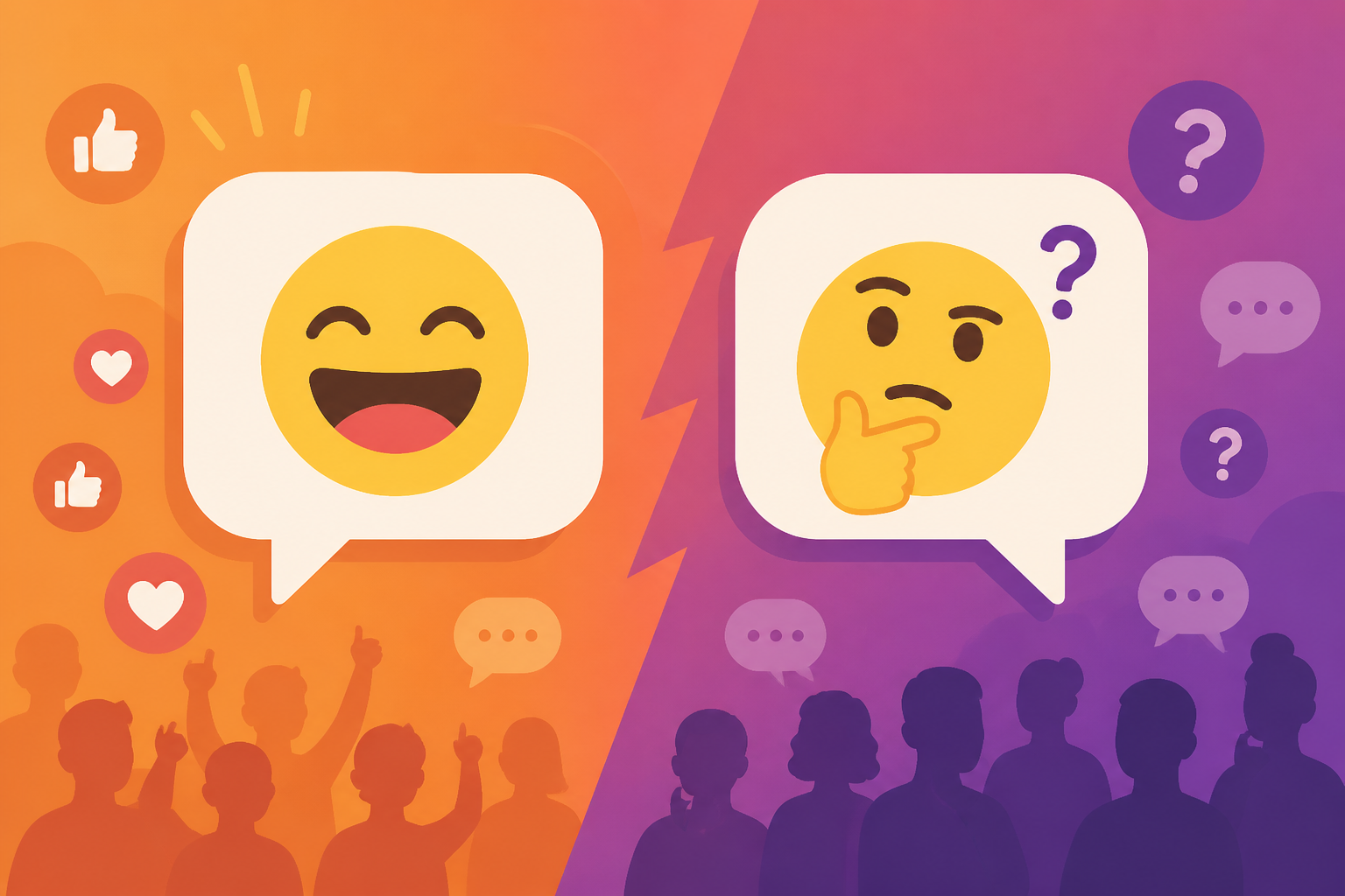 Flat illustration of two contrasting speech bubbles, one amused and one questioning, representing a split public reaction