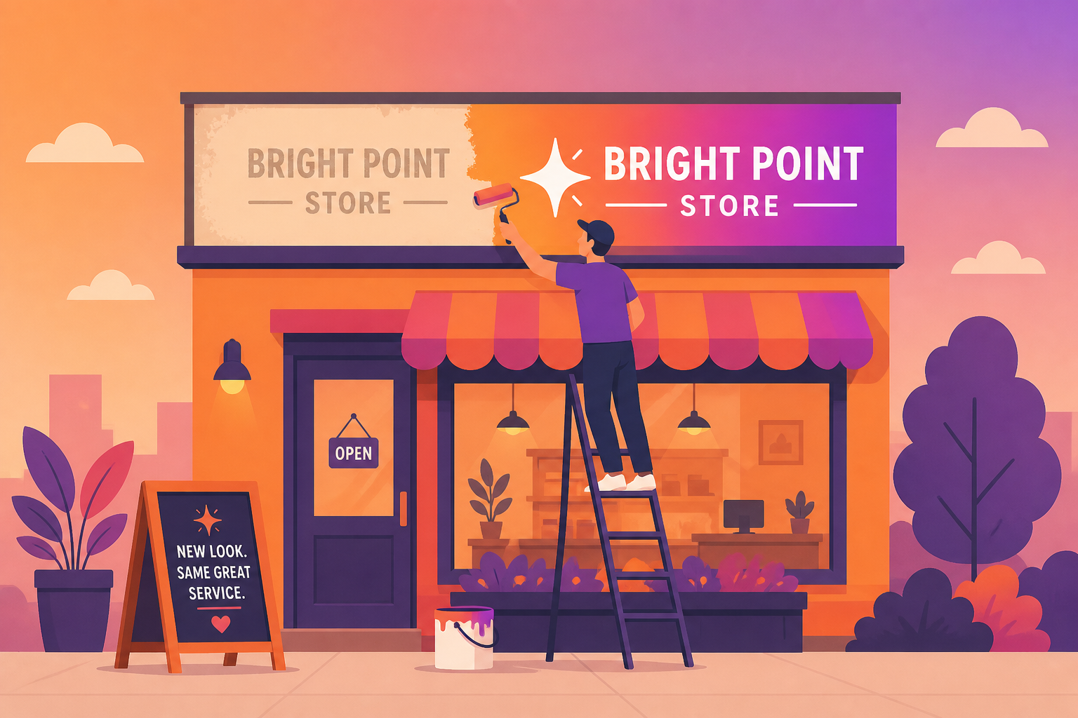 Flat illustration of a small storefront signboard being repainted by a person on a ladder, representing a business refreshing its brand identity