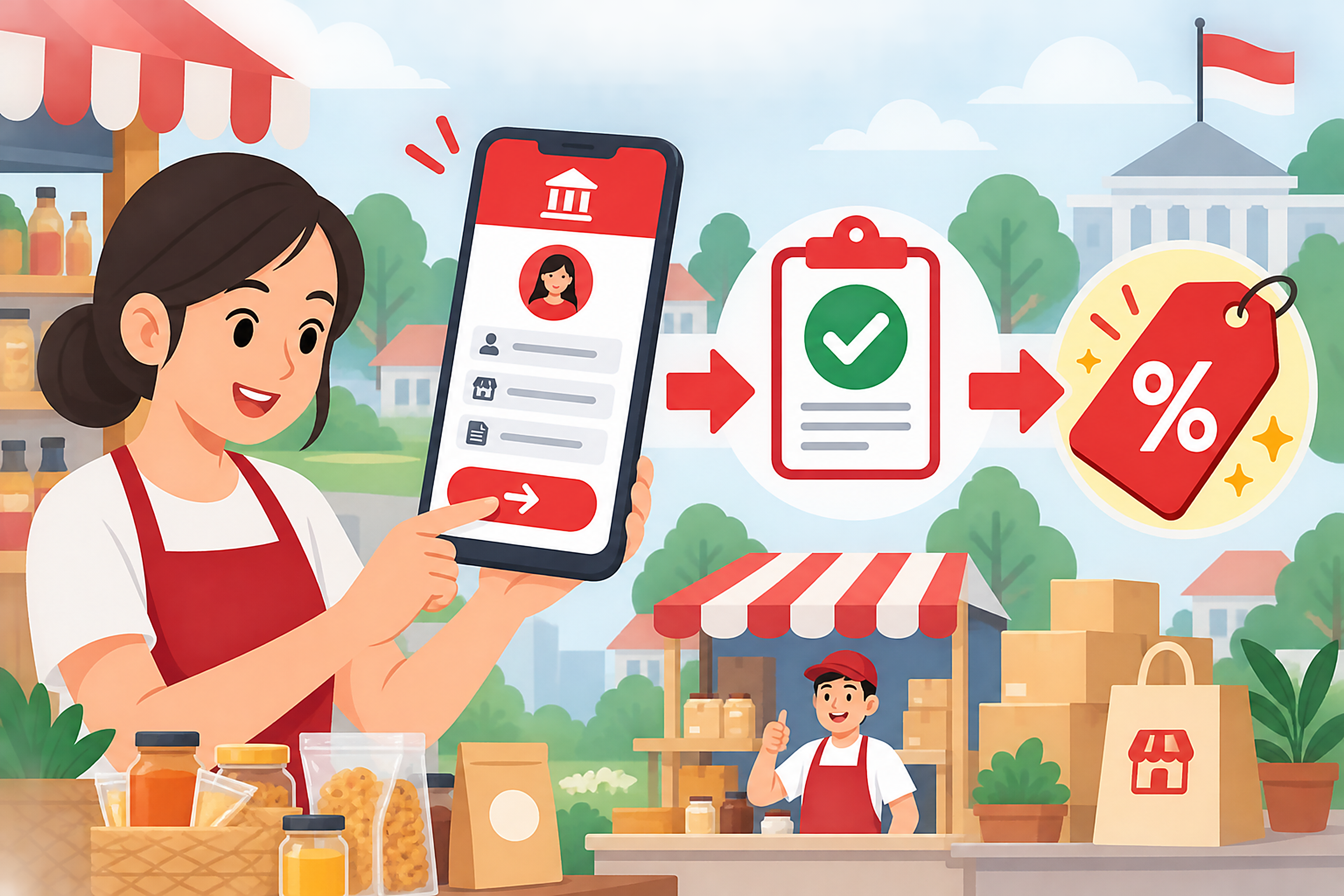 Flat illustration diagram of a seller registering through an online form, with arrows pointing to a verification checkmark and a discount tag icon