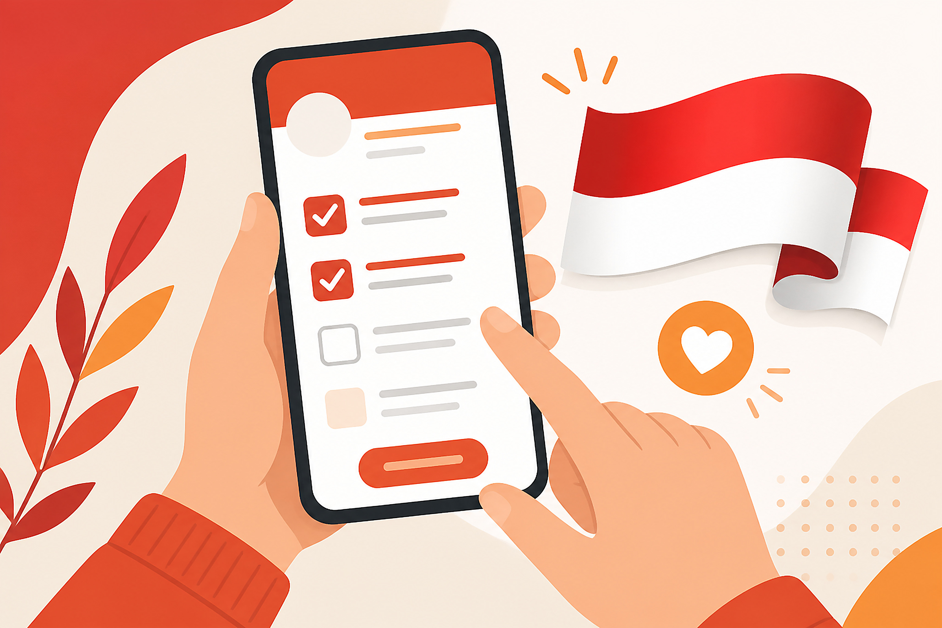 Flat illustration of a hand holding a smartphone showing a simple registration checklist form with a small Indonesian flag ribbon icon