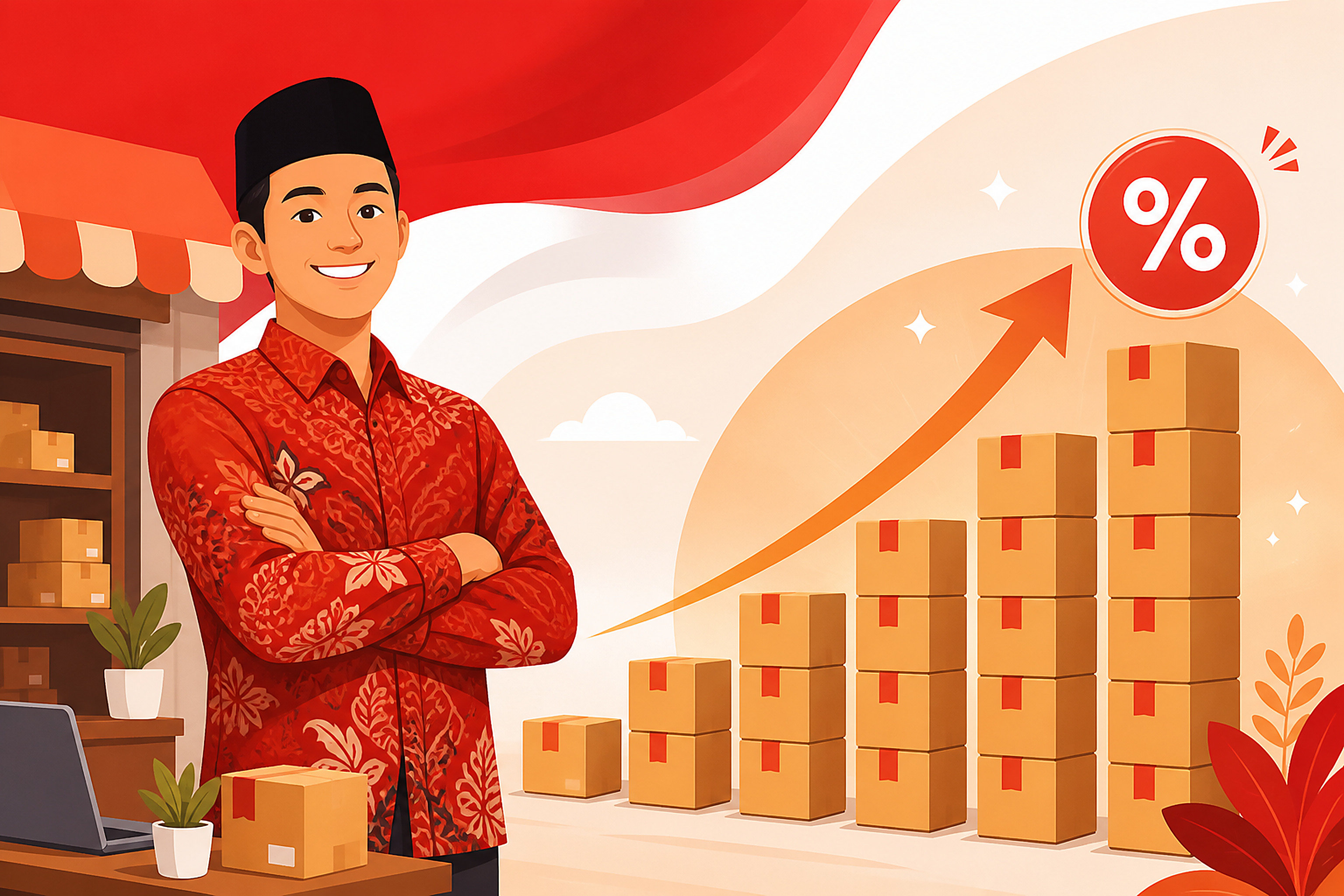 Flat illustration of a confident small business owner standing in front of a growing bar chart made of parcel boxes