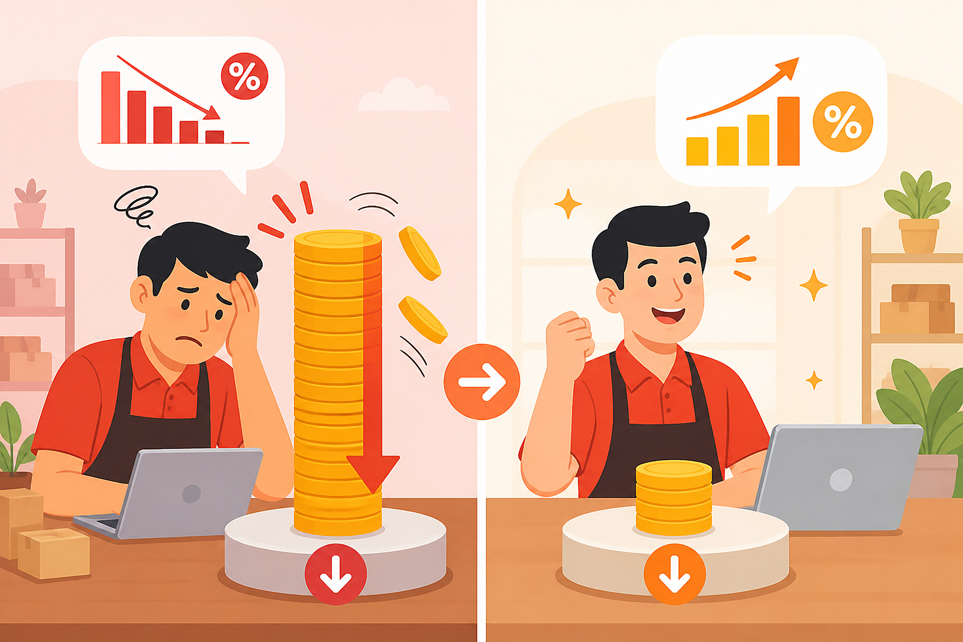 Flat illustration split scene of a seller stressed by a tall stack of coins shrinking to a shorter stack with a growth arrow
