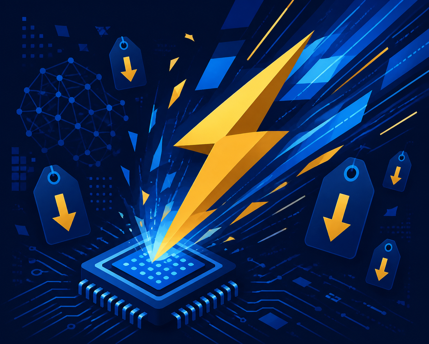 Editorial illustration of an abstract lightning-fast bolt bursting from a minimalist chip icon surrounded by falling price-tag icons, representing a faster and cheaper AI model release