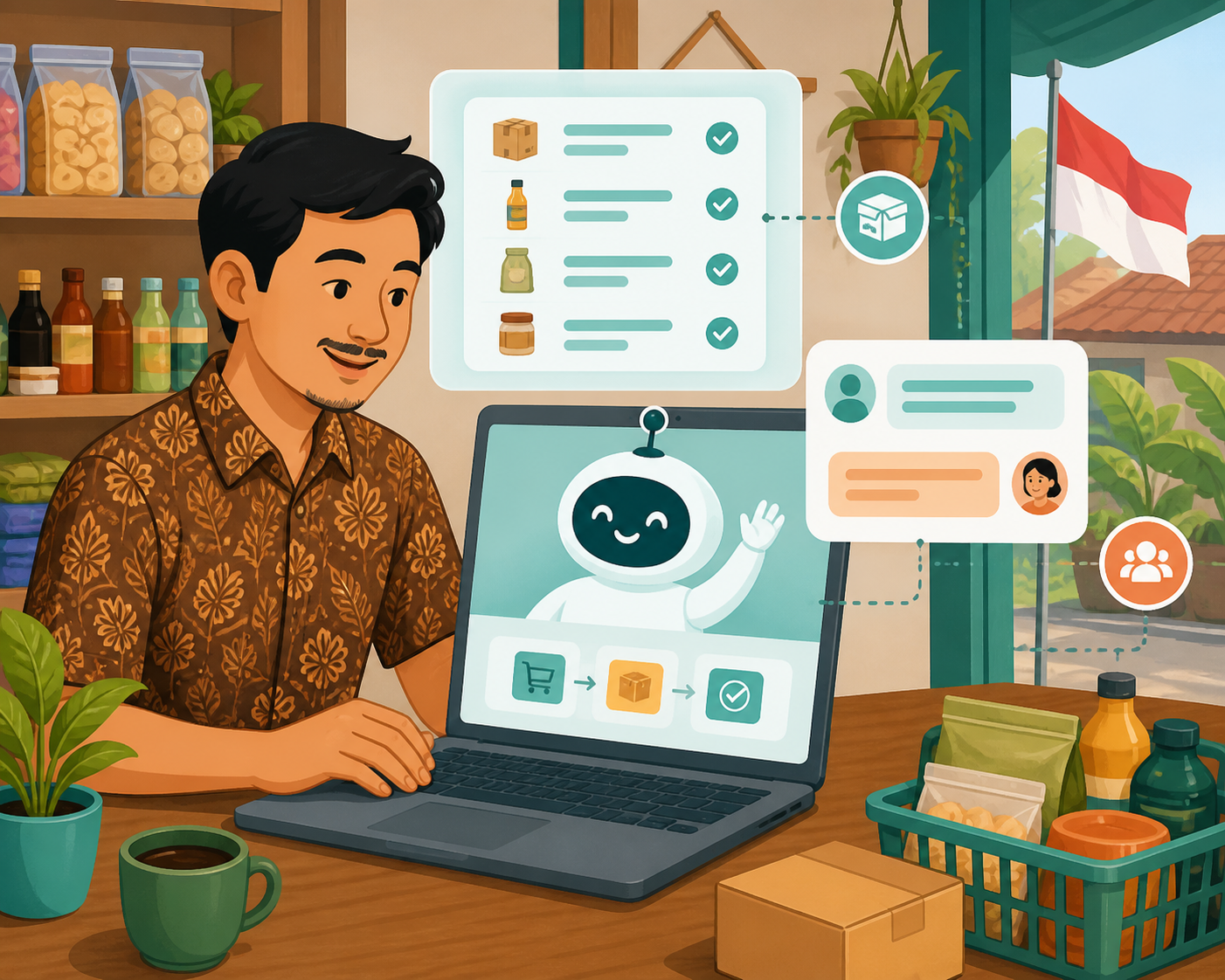 Flat design illustration of a small business owner at a laptop with a friendly AI assistant chat bubble icon helping manage documents and replies