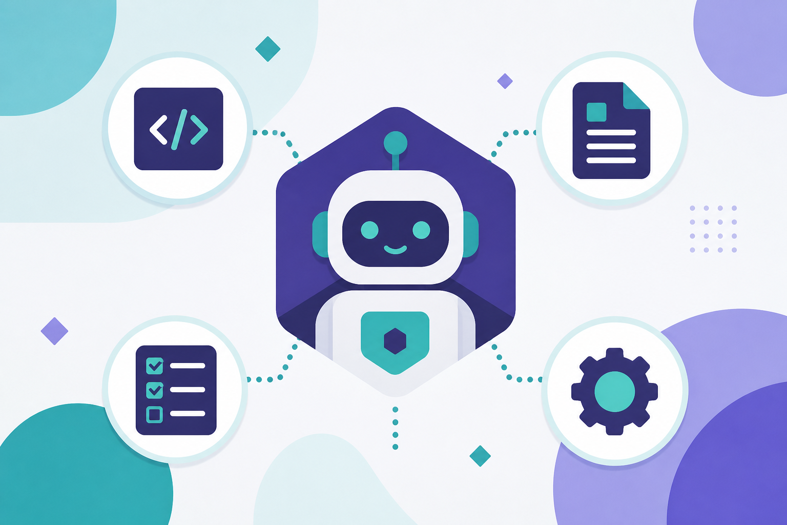 Flat design illustration of an abstract AI agent icon connected to task icons representing code, documents, checklists, and settings