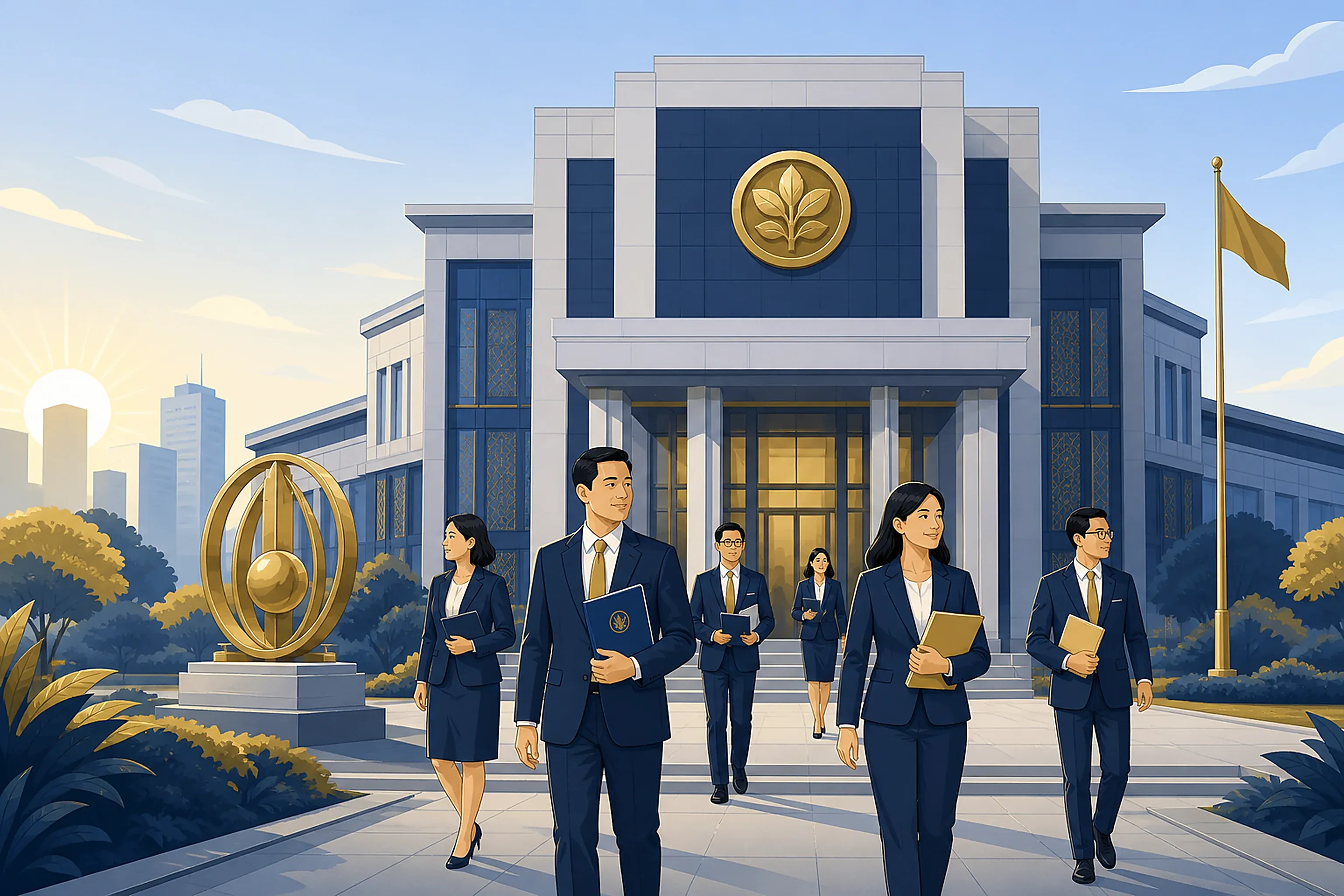 Illustration of a central monetary authority building representing the source of a new digital payment policy
