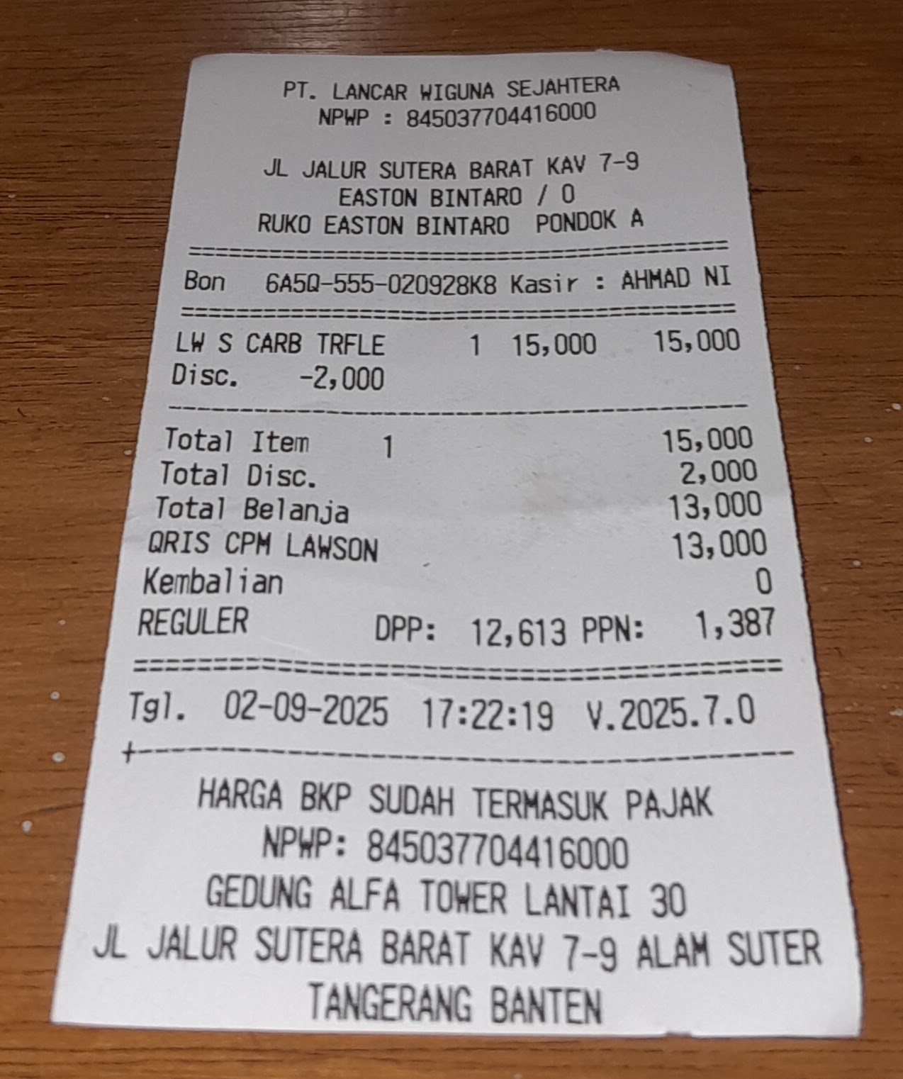 Photo of a real QRIS payment receipt from a convenience store in South Tangerang, Indonesia
