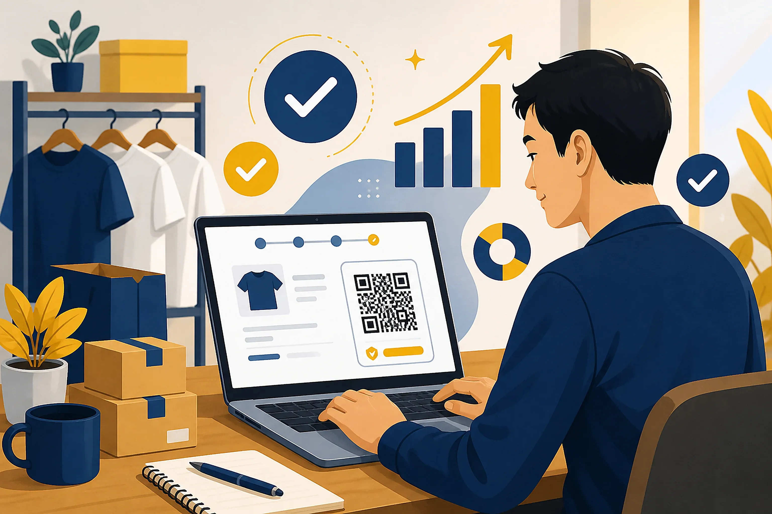 Illustration of a small online shop owner reviewing a website checkout page with a QRIS code visible on screen
