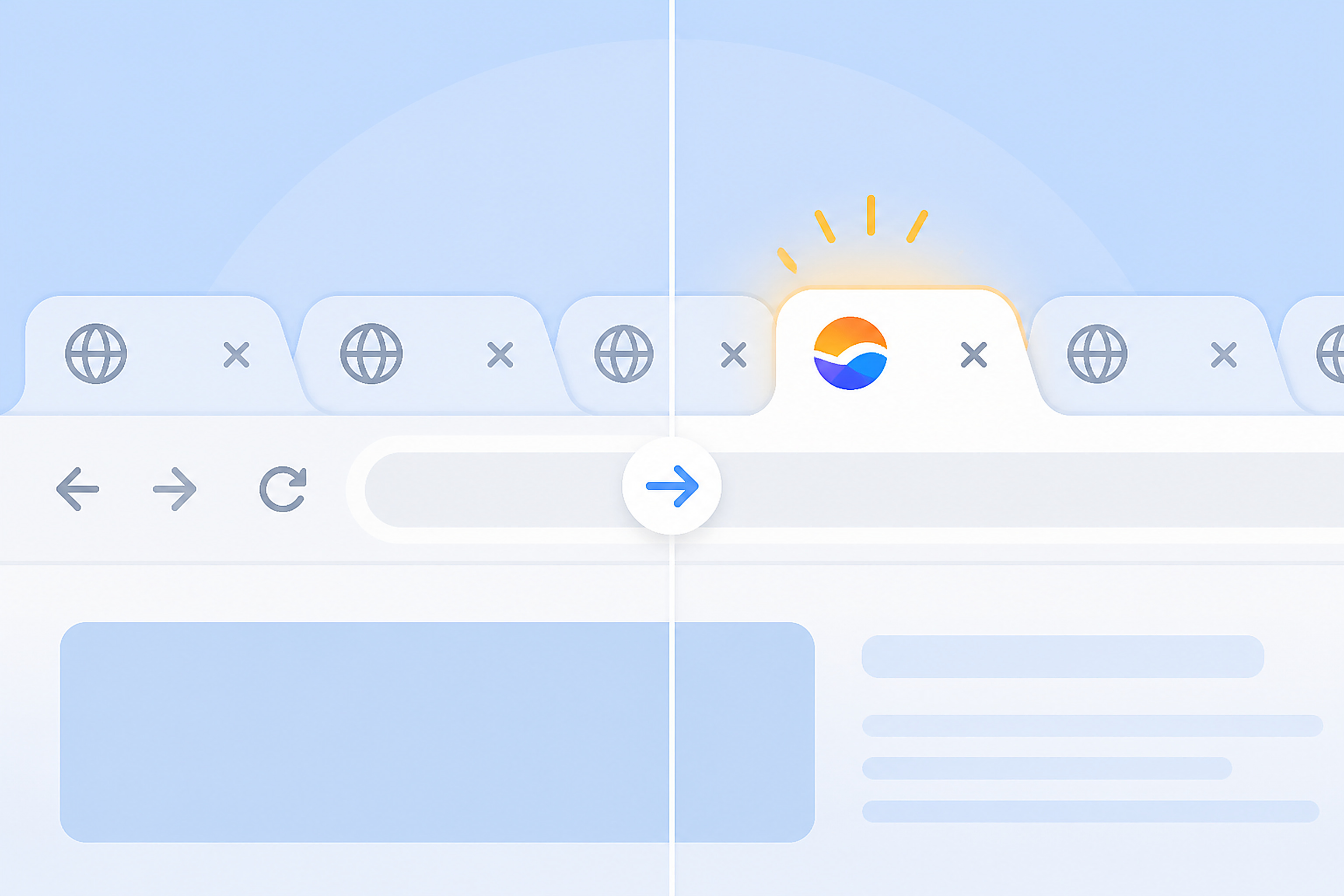 Conceptual illustration of browser tabs showing generic gray globe icons with one tab glowing back into a colorful brand icon