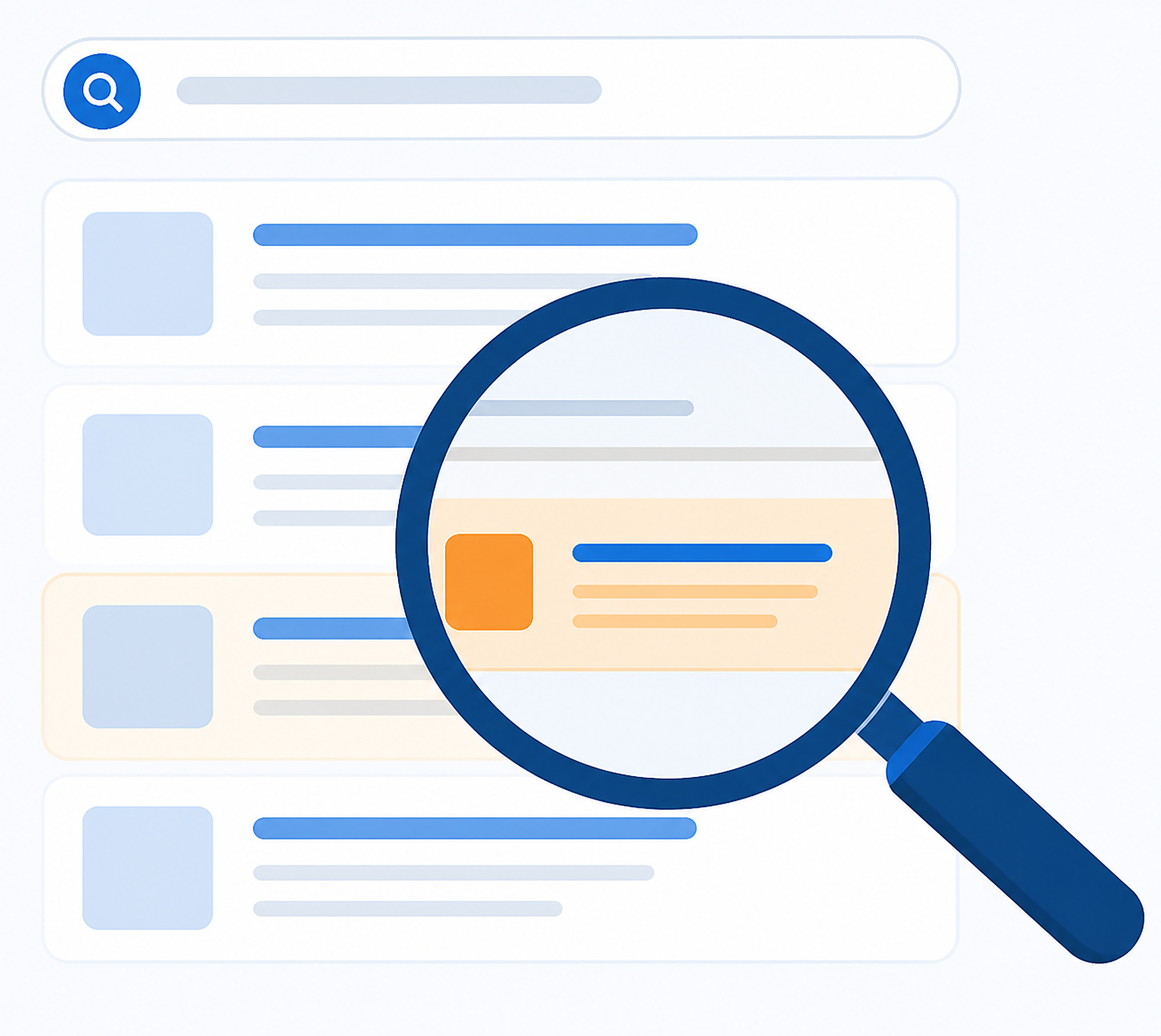 Illustration of a magnifying glass over a search results list with a highlighted icon slot